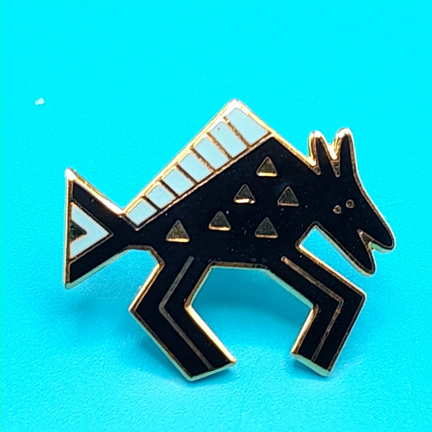 Vintage Laurel Burch "Bison" Post Earrings, Black Blue Enamel, Gold Plated
