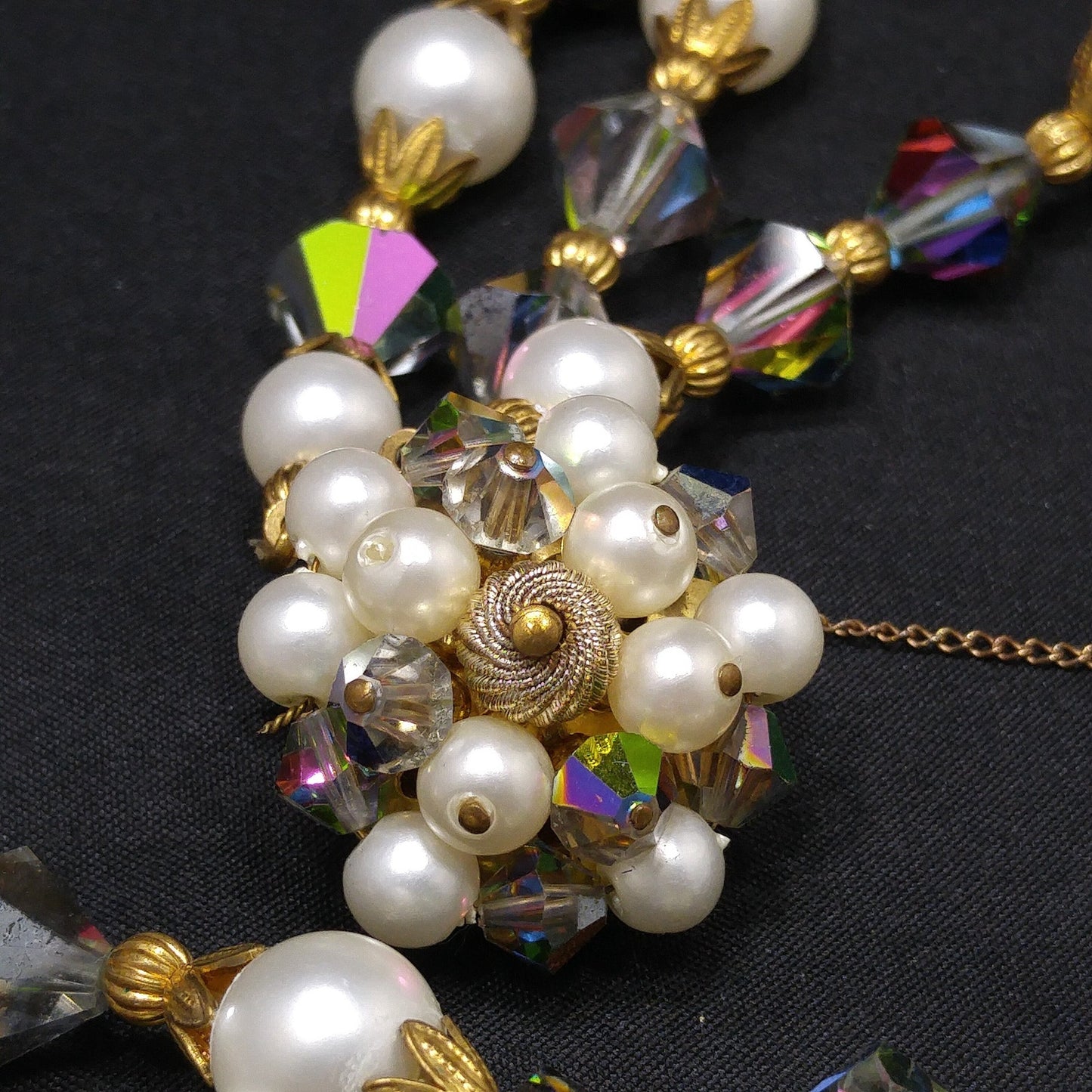 Alice Caviness Necklace & Bracelet Set, Aurora Borealis Crystal Faux Pearl Beads, 1960s Vintage Jewelry