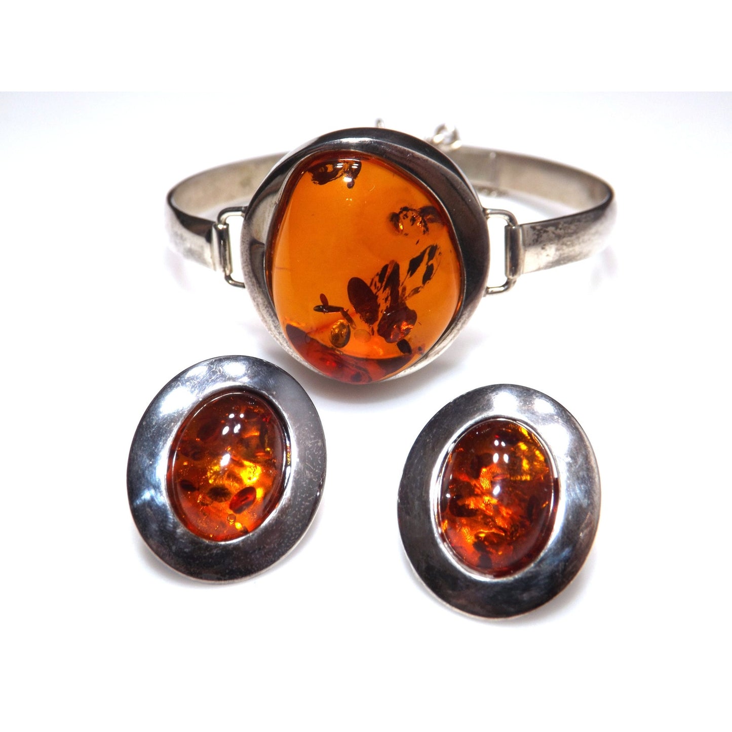 Sterling Silver Baltic Amber Cuff Bracelet Earrings Set, Poland 925 AT1, 1990s Vintage Jewelry