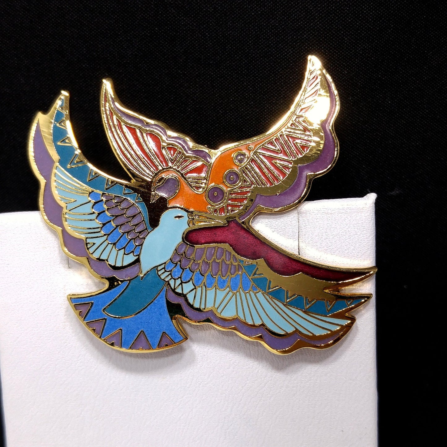 Laurel Burch "Ethereal Birds" Brooch, Cloisonné and Enamel, Gold Plated, 1980s Vintage Jewelry