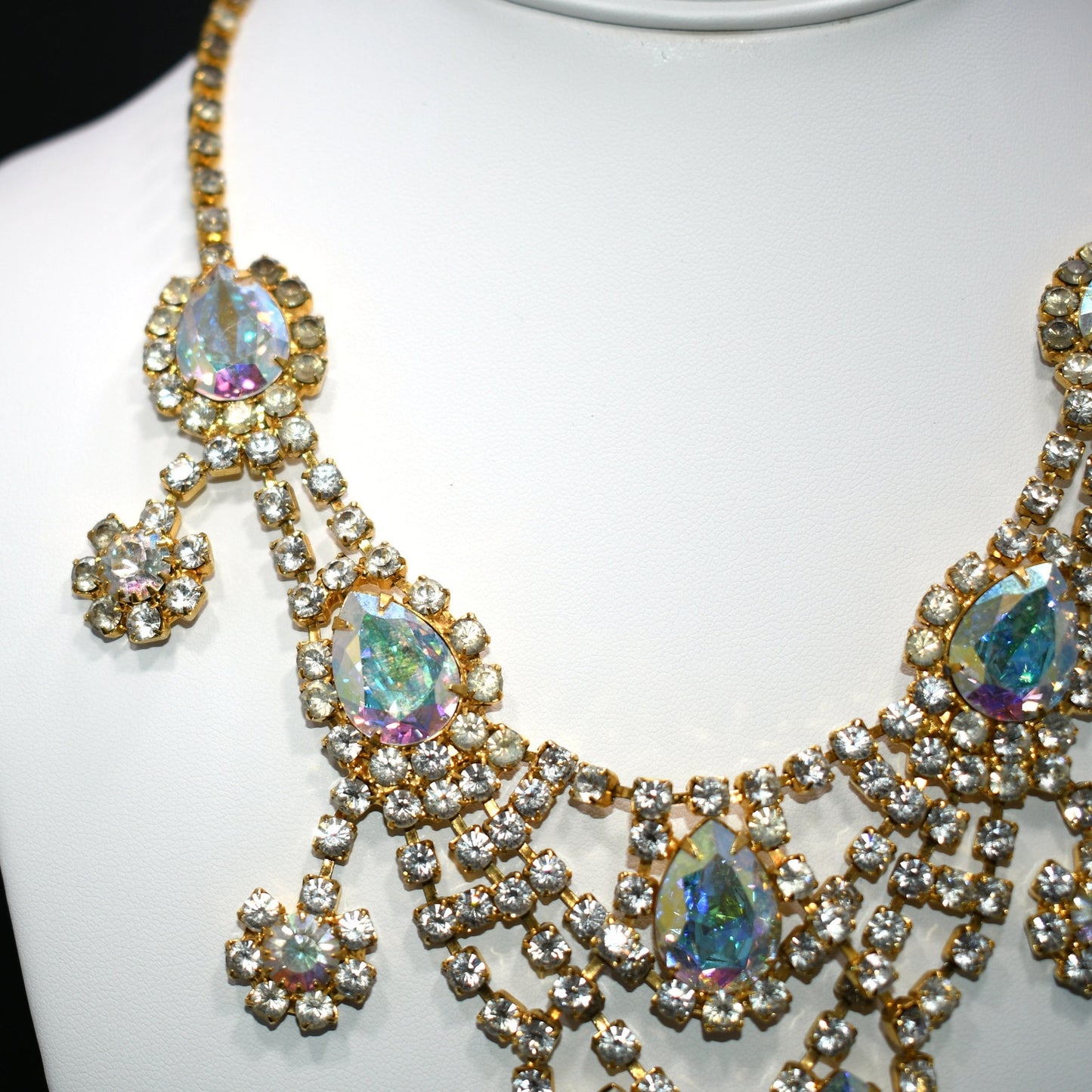 Aurora Borealis Rhinestone Frontal Necklace, Gold Plated, 21 Inches, 1970s Vintage Jewelry