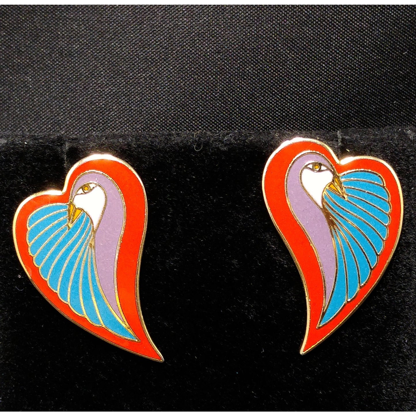 Laurel Burch "Dove Heart" Post Earrings, Gold Plated, 1980s Vintage Jewelry