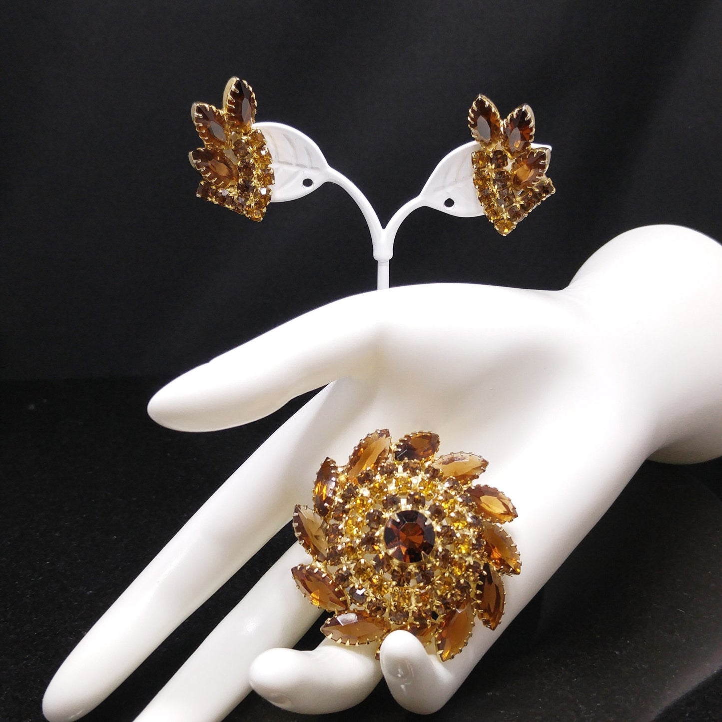 Domed Topaz Rhinestone Brooch & Earrings Set, Gold Plated, 1960s