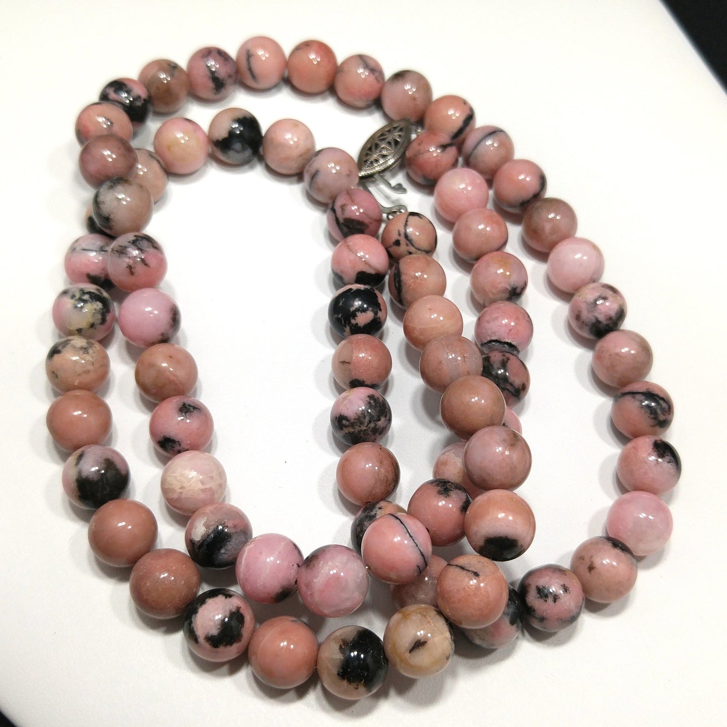 Pink Black Gemstone Beaded Necklace, Rhodonite 10mm Beads, 1970s Vintage Jewelry