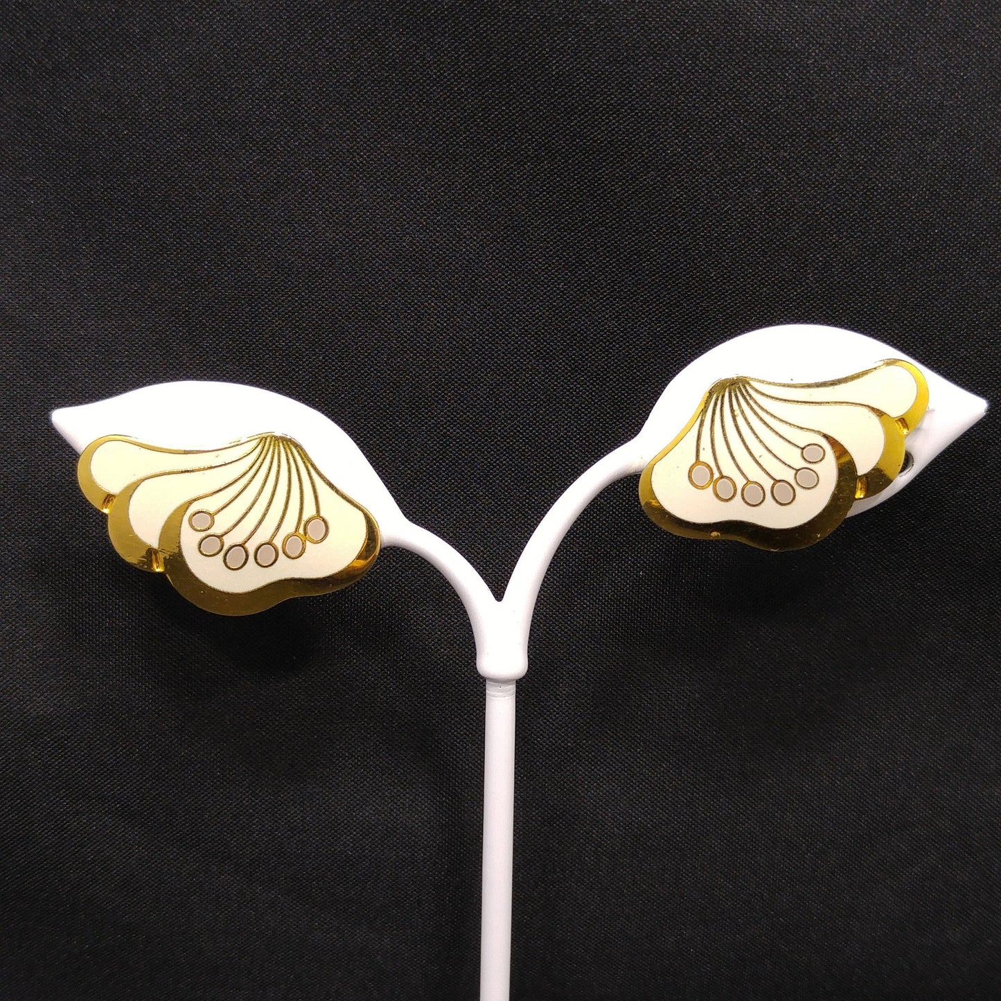 Laurel Burch "Le Fleur" Gold & White Clip Earrings, Gold Plated, 1980s Vintage
