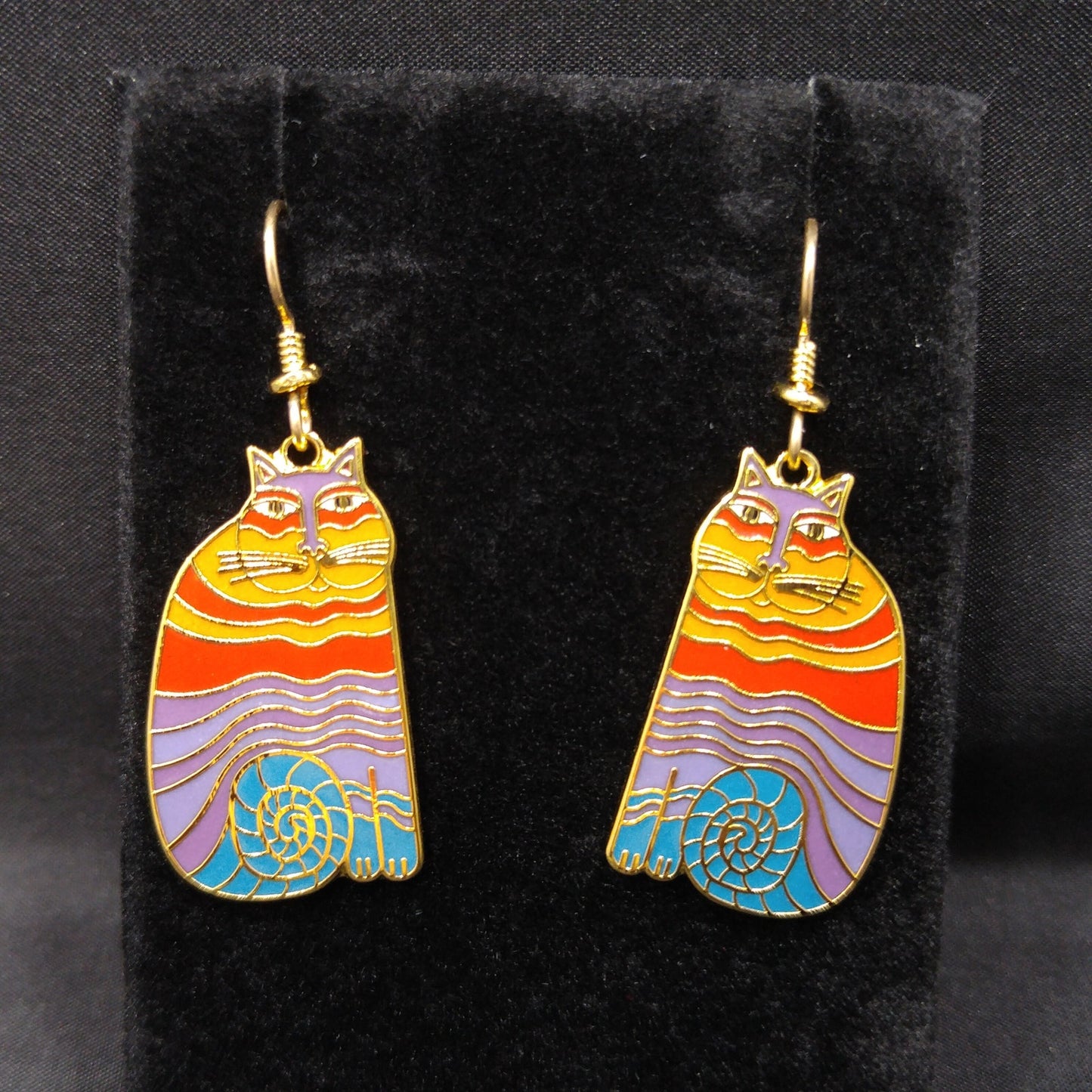 Laurel Burch "Rainbow Cats" Earrings, Multicolored Cloisonne Enamel, 1980s