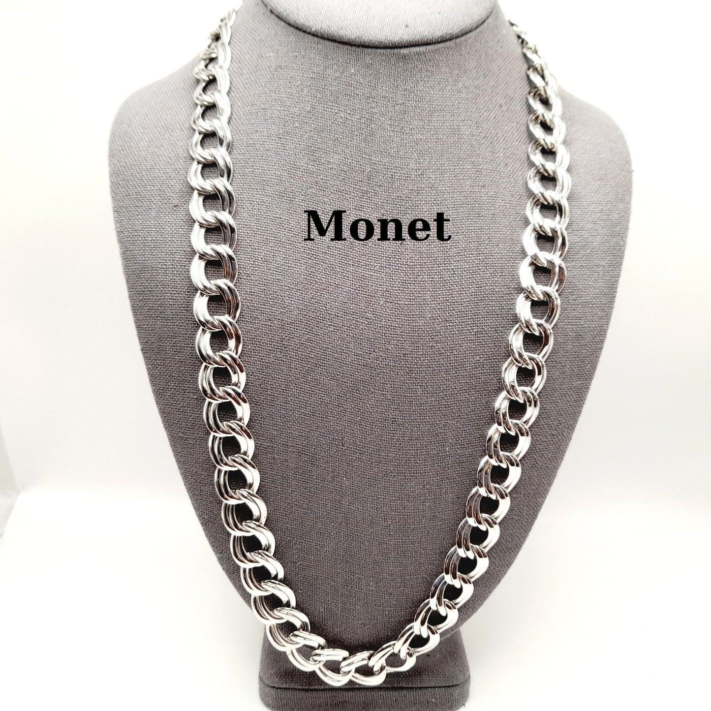 Vintage Monet Rhodium Plated Chunky Silver Tone Chain Necklace, 26 Inches