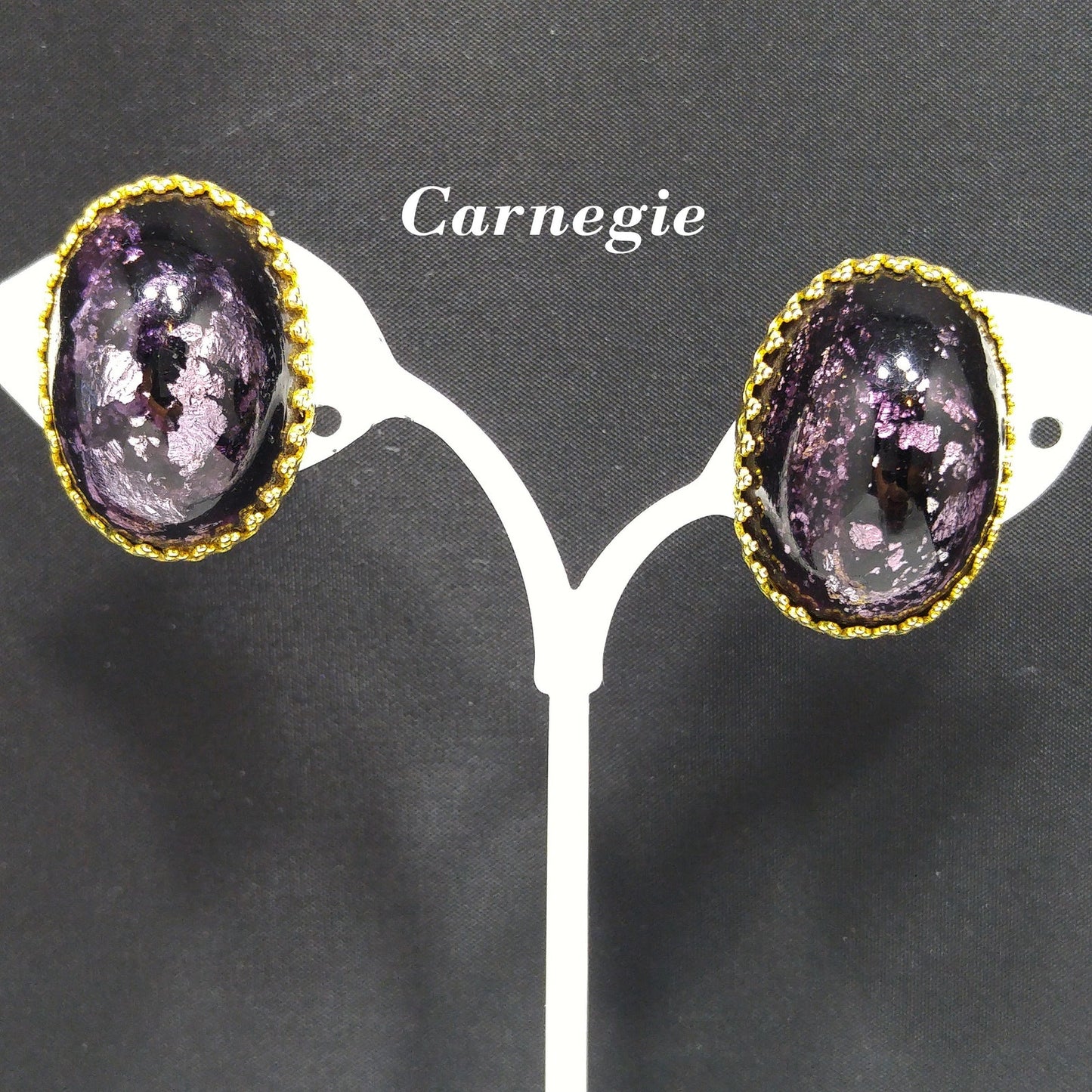 Vintage Carnegie Purple Silver Foil Glass Clip Earrings, Domed Glass, 1950s
