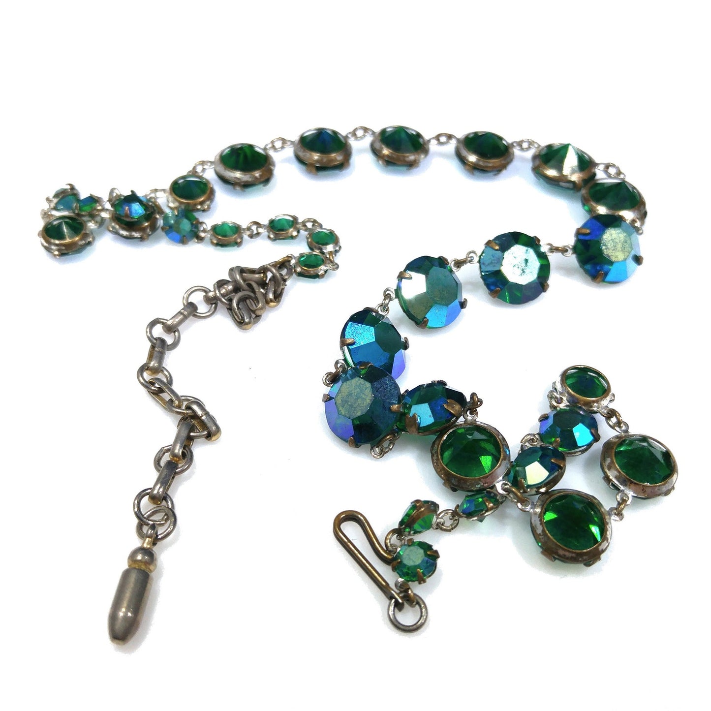 Green Aurora Borealis Crystal Art Deco Rivière Glass Necklace, 20 Inches, 1950s Vintage Jewelry