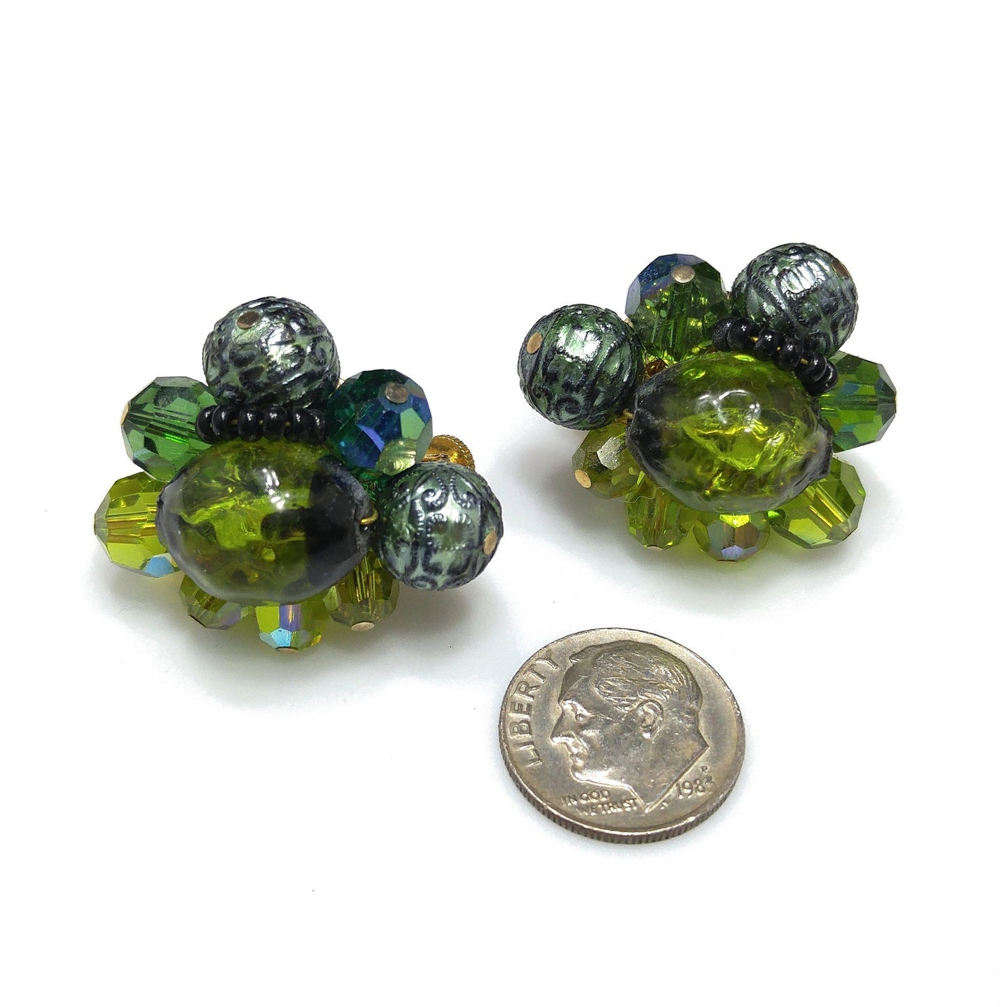 Vendome Green Beaded Earrings, Art Glass Aurora Borealis Beads, 1960s Vintage Jewelry