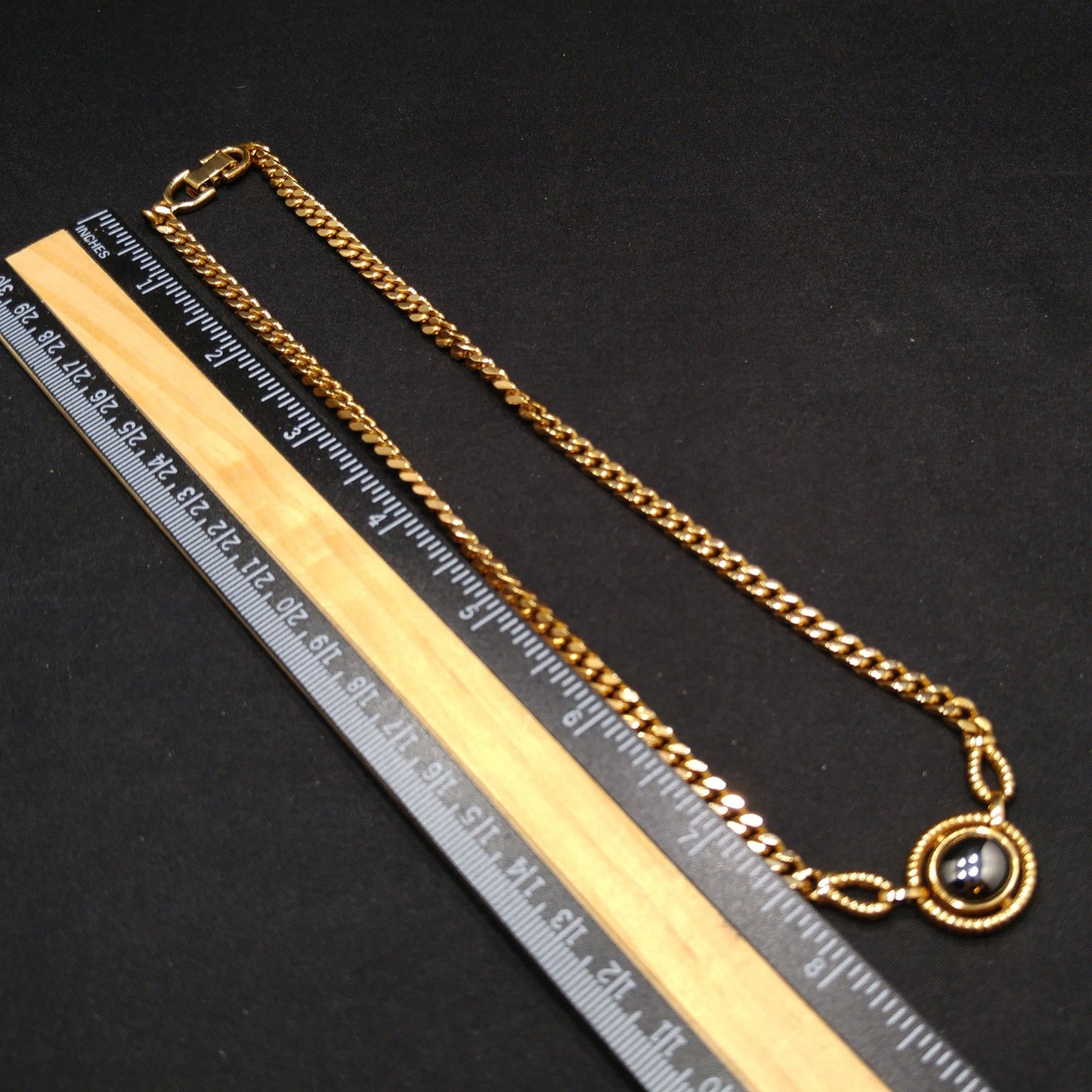 Louis Feraud Paris Gold Plated Pendant Necklace, Hematite Pendant, 1970s Vintage Jewelry