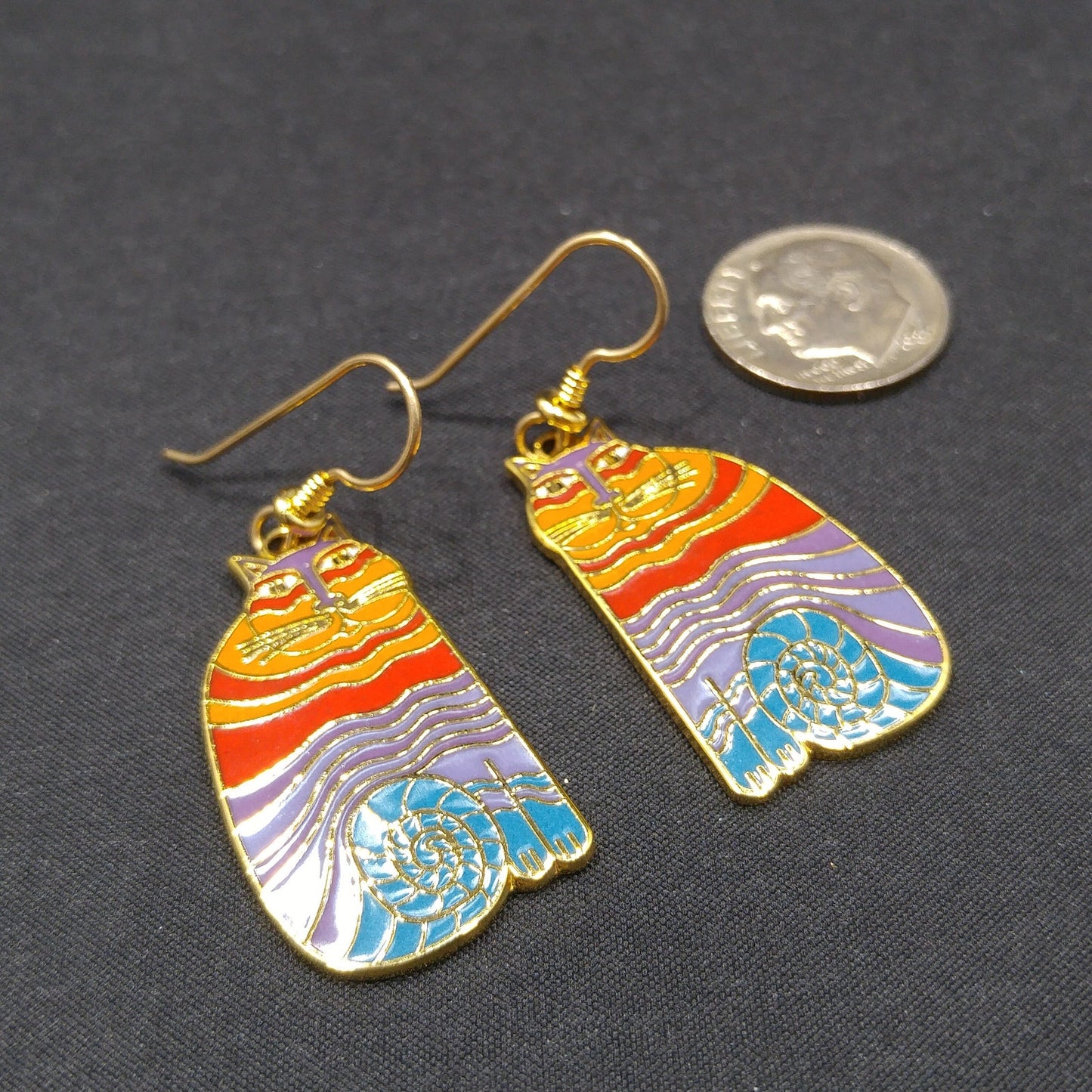 Laurel Burch "Rainbow Cats" Earrings, Multicolored Cloisonne Enamel, 1980s