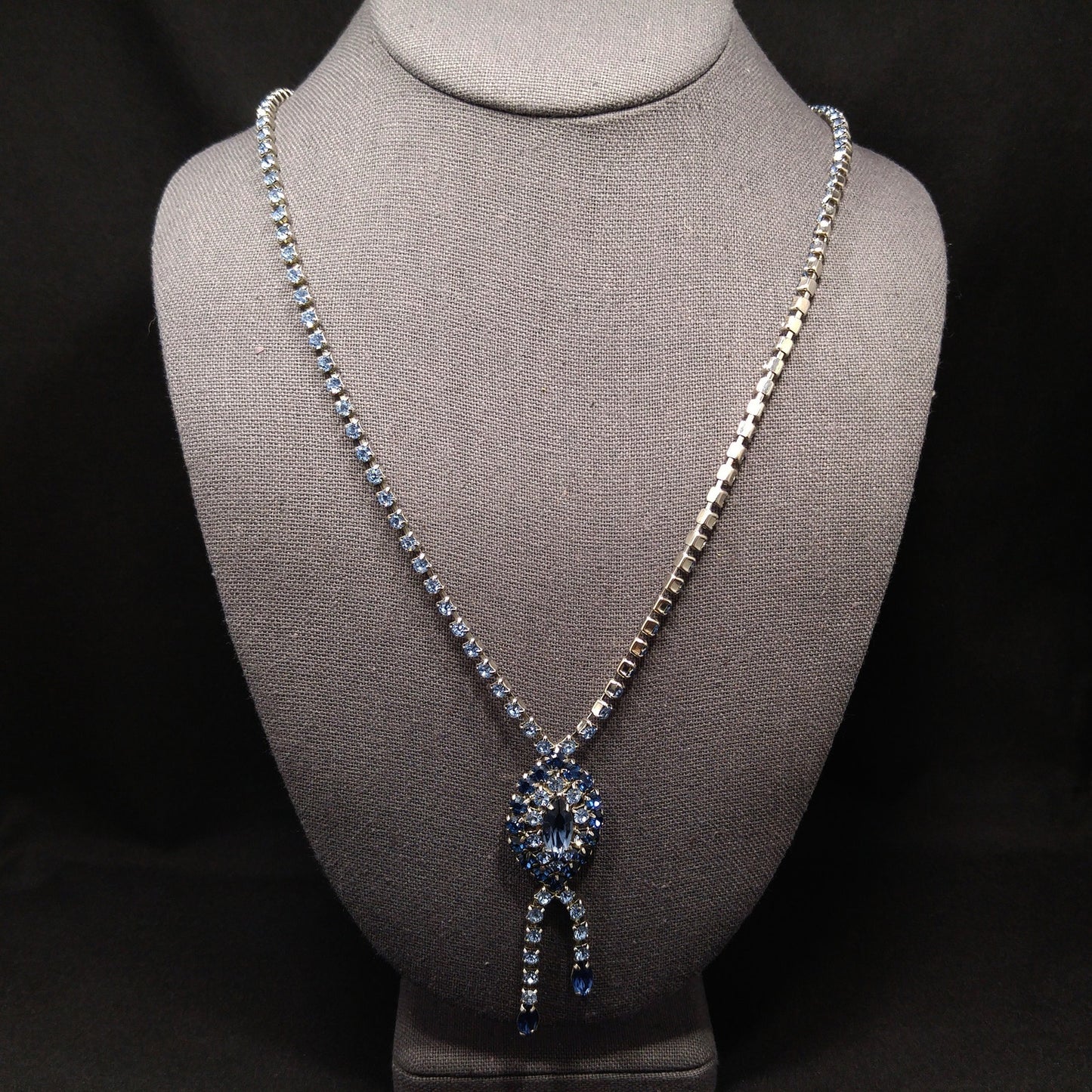Mid Century Blue Rhinestone Rhodium Plated Necklace, Light & Dark Blue Rhinestones, 1960s Vintage Jewelry
