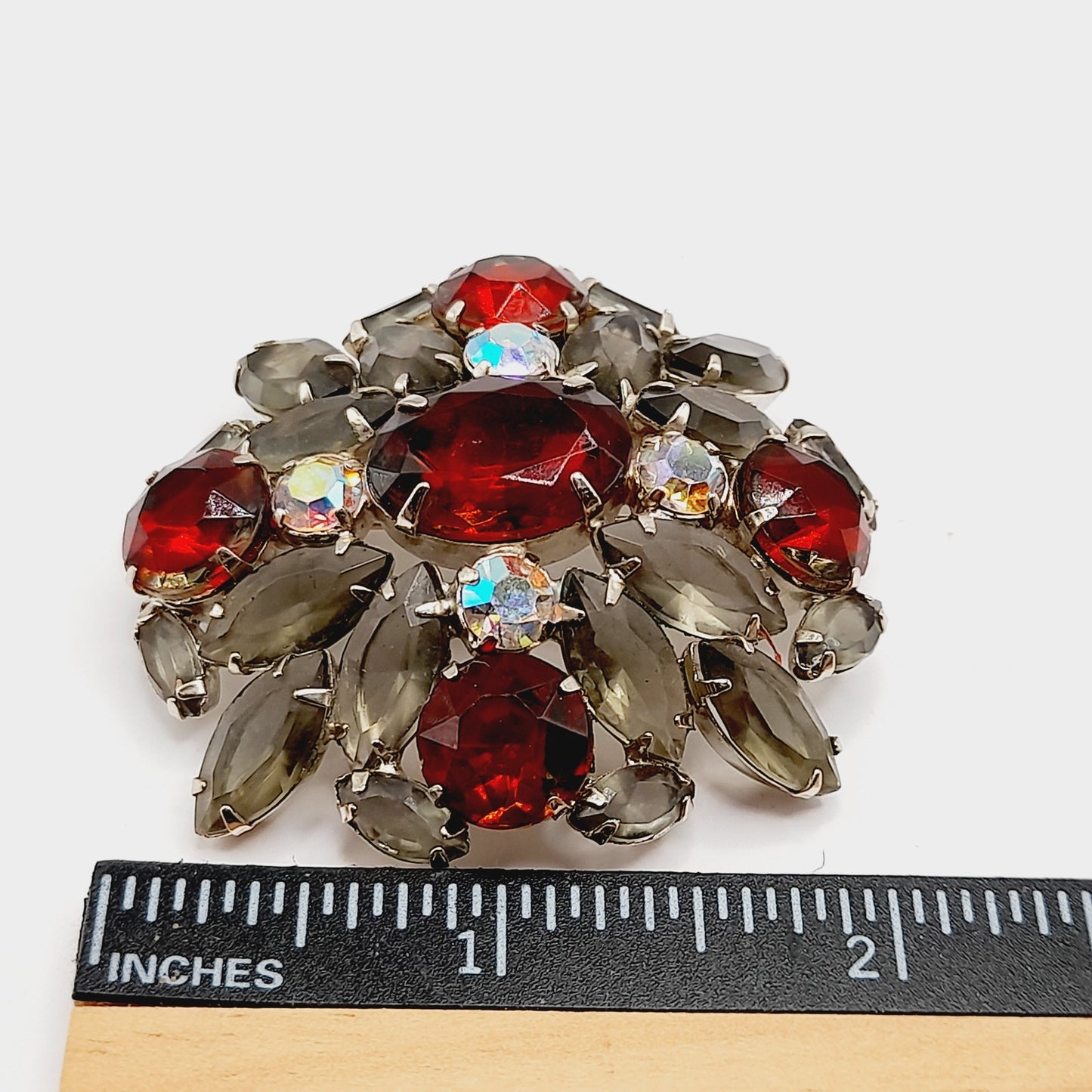 Vintage Rhinestone Brooch, Red Aurora Borealis Pin, Smoky Gray Navettes, 1960s Mid-Century Jewelry