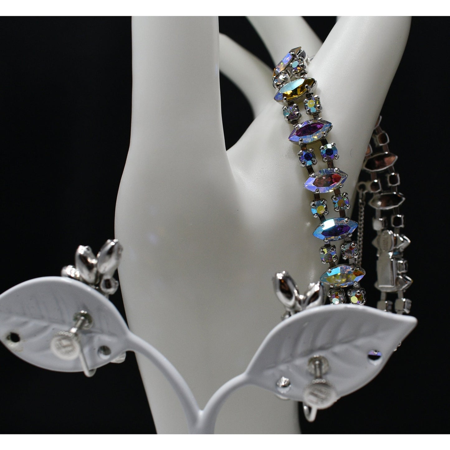 B. David Rhinestone Bracelet & Earrings Set, AB Crystals, Screw Back Earrings, 1950s