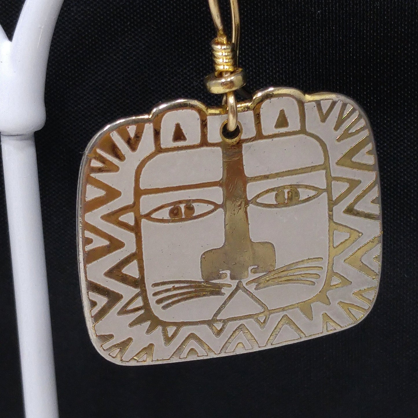 Vintage Laurel Burch "Cat Spirit" Earrings, Cream White Enamel, Gold Plated