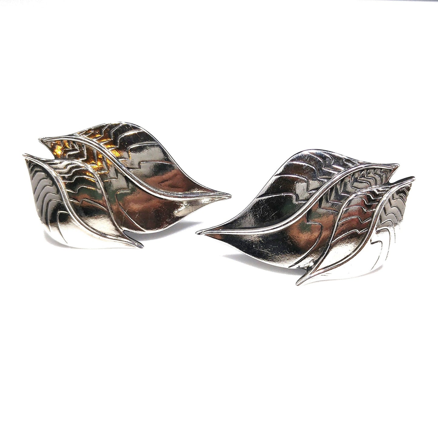 Laurel Burch Two Leaves Clip Earrings, Rhodium Plated, 1980s Vintage Jewelry