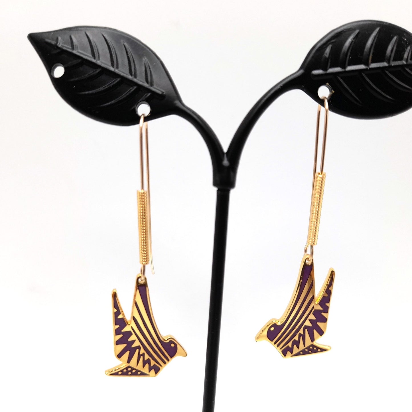 Laurel Burch Long Ear Wire Bird Earrings, Purple Enamel, Gold Plated, 1990s Vintage Jewelry