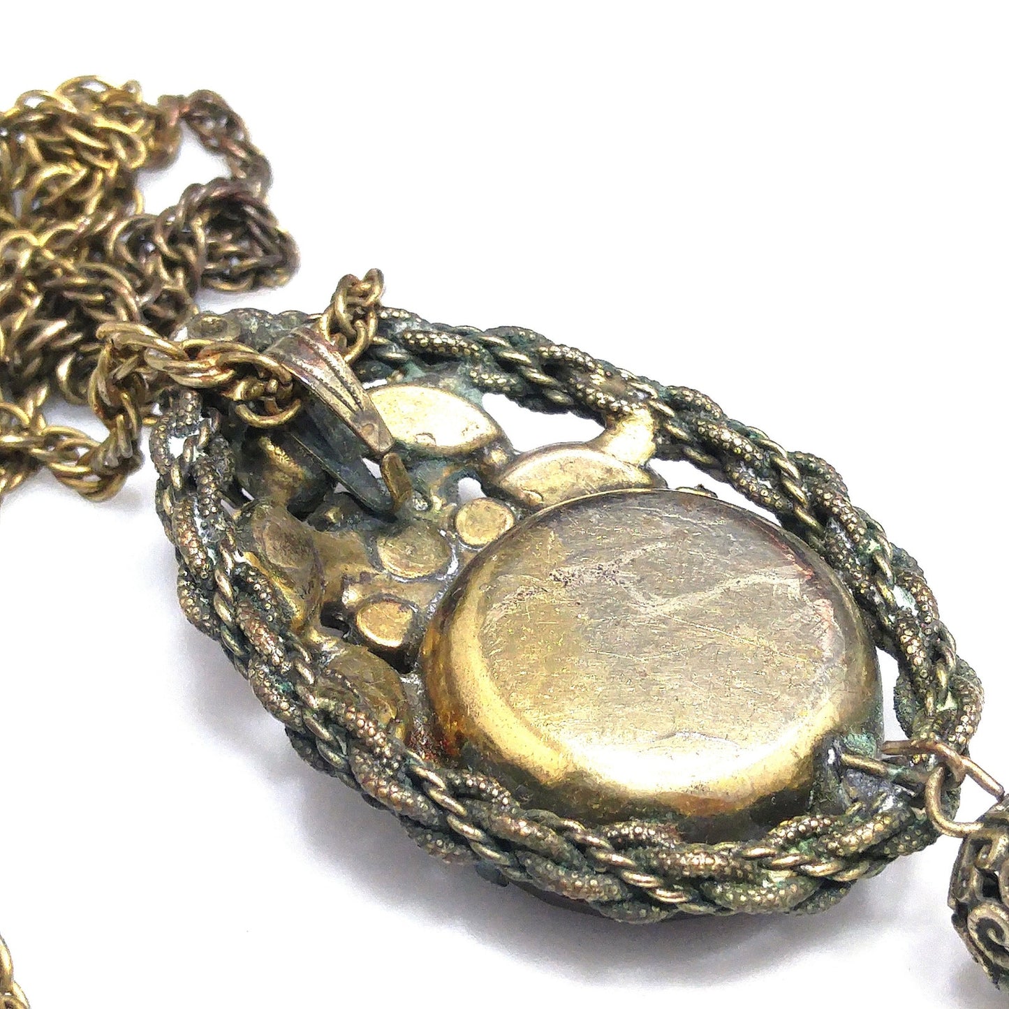 Victorian Purple Topaz Glass Pendant Necklace, Golden Brass, 1920s Vintage Jewelry