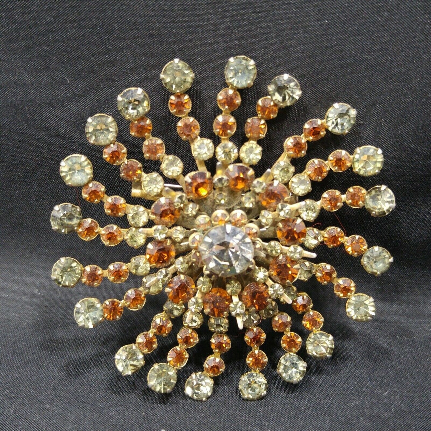 Vintage 1950s Rhinestone Flower Brooch Large Gray Topaz Floral Burst Pin