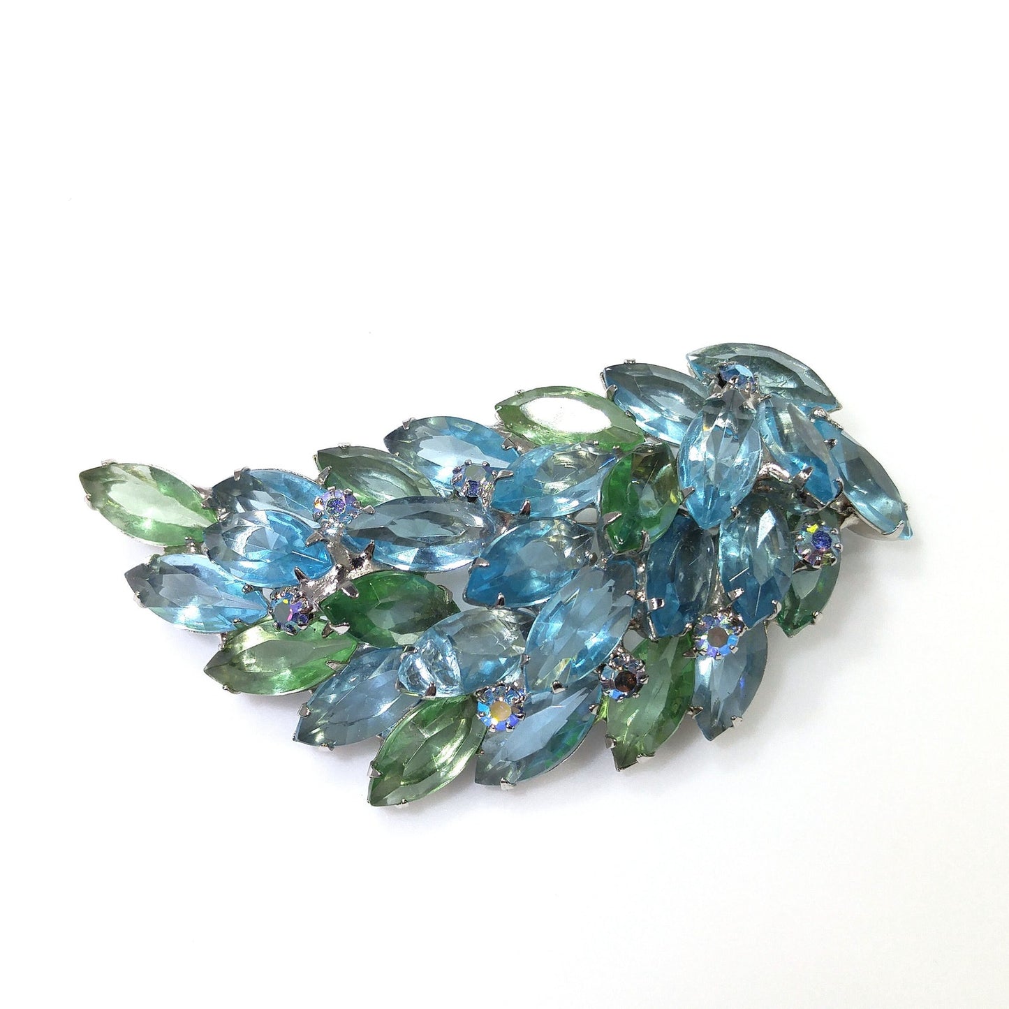 Turquoise & Green Rhinestone Brooch, Rhodium Plated, 1960s Vintage Jewelry