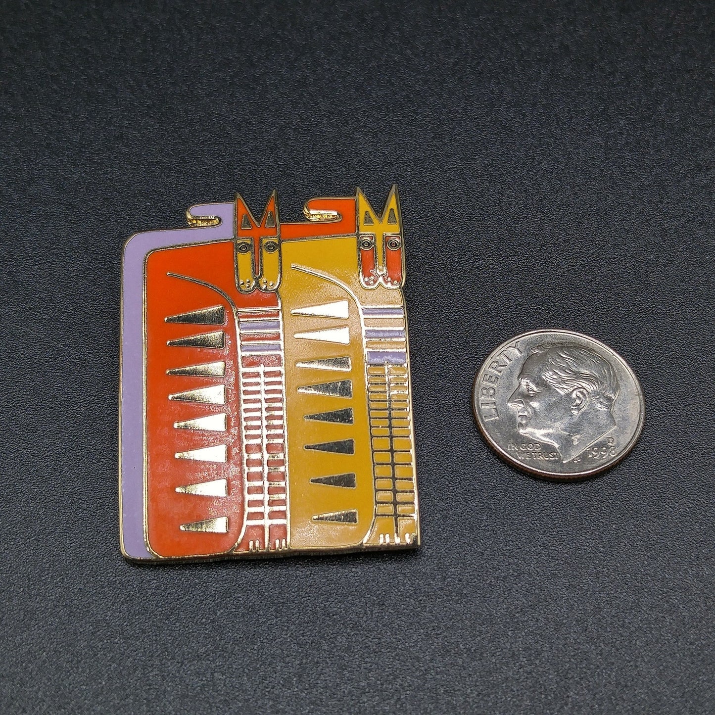 Laurel Burch "Egypticat" Brooch, Cloisonne Gold Plated, Yellow Orange Enamel Cats, 1980s Vintage Jewelry