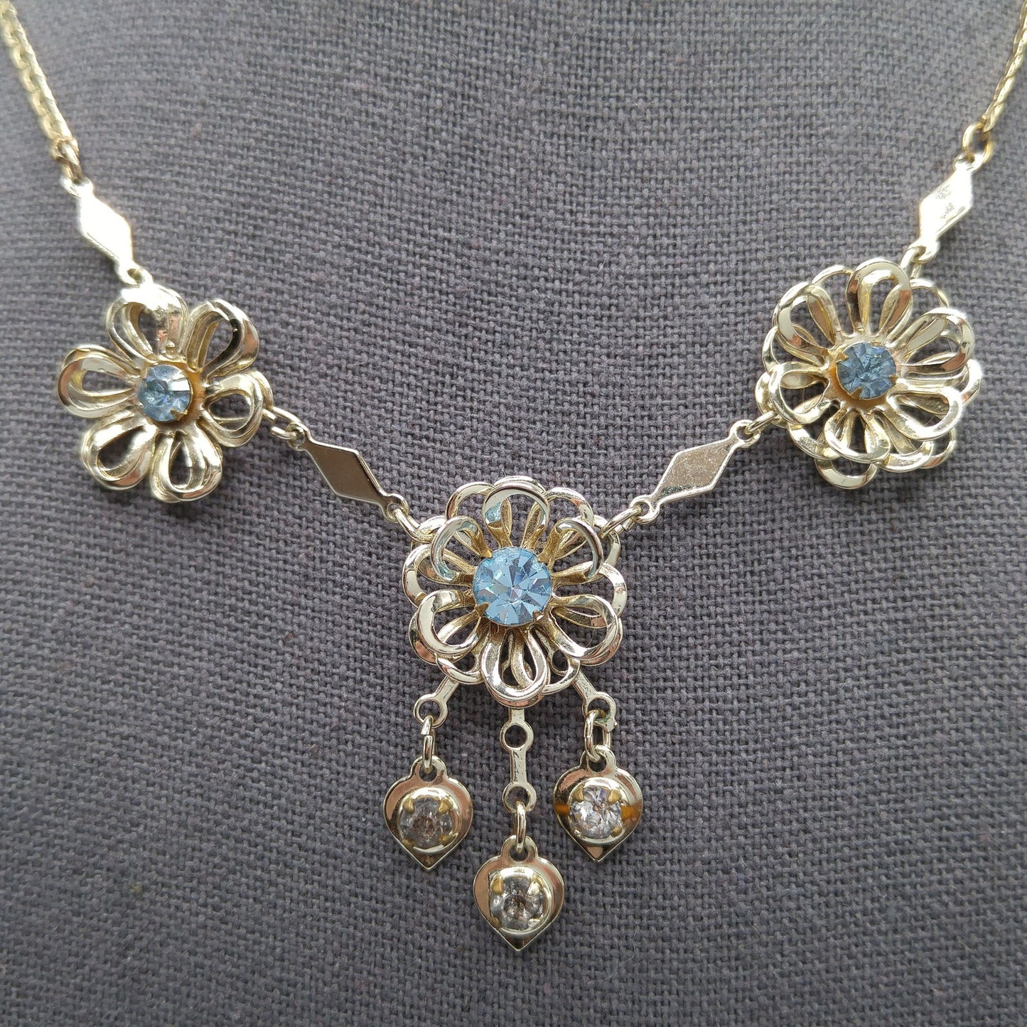 Mid-Century Floral Necklace, Light Blue Rhinestones, Gold Plated, 1950s Vintage Jewelry