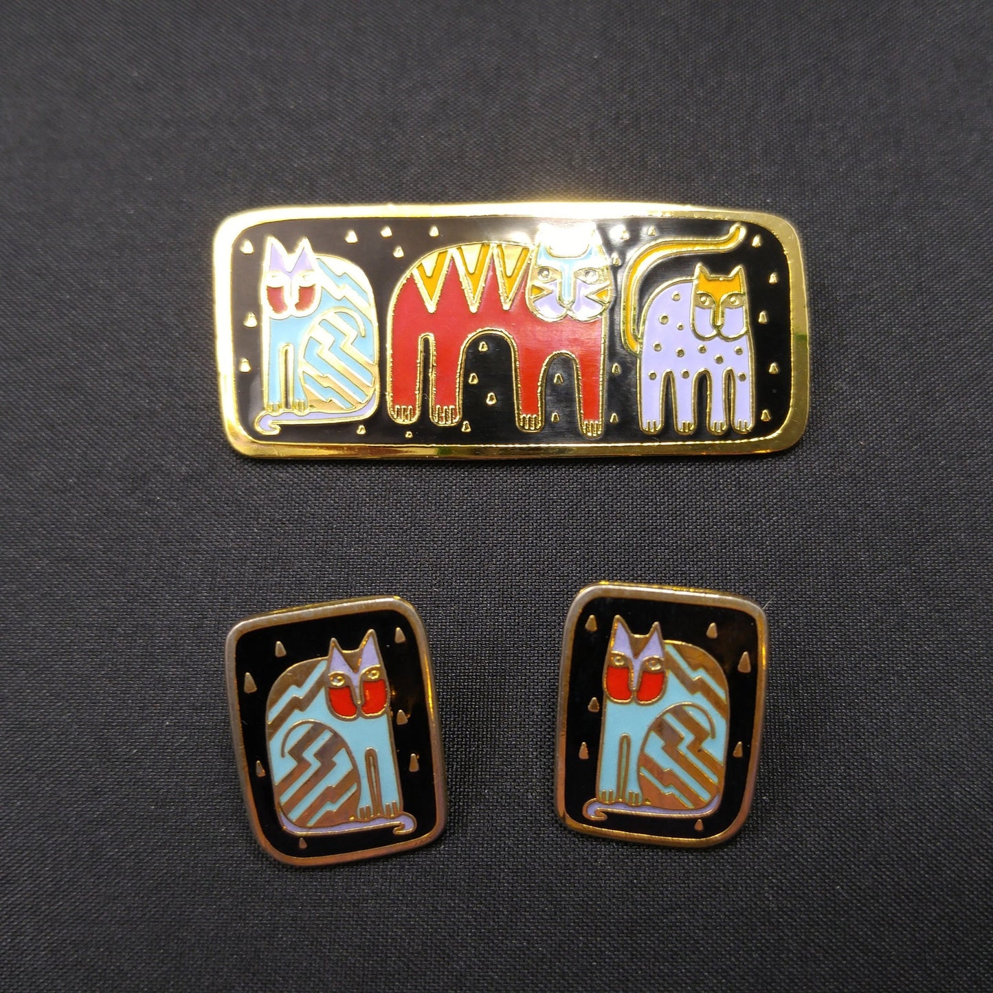 Vintage Laurel Burch "Fantastic Felines" Brooch & Earrings, 1980s