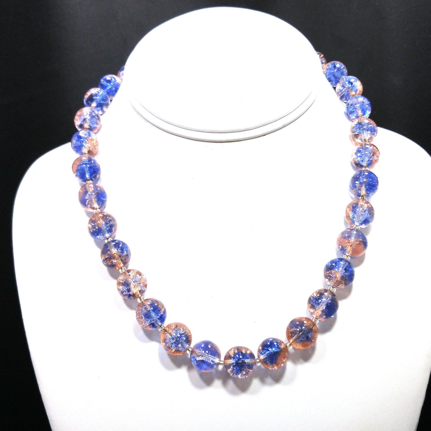 Blue Pink Crackle Glass Beaded Necklace, Filigree Brass Clasp, 1950s Vintage Jewelry