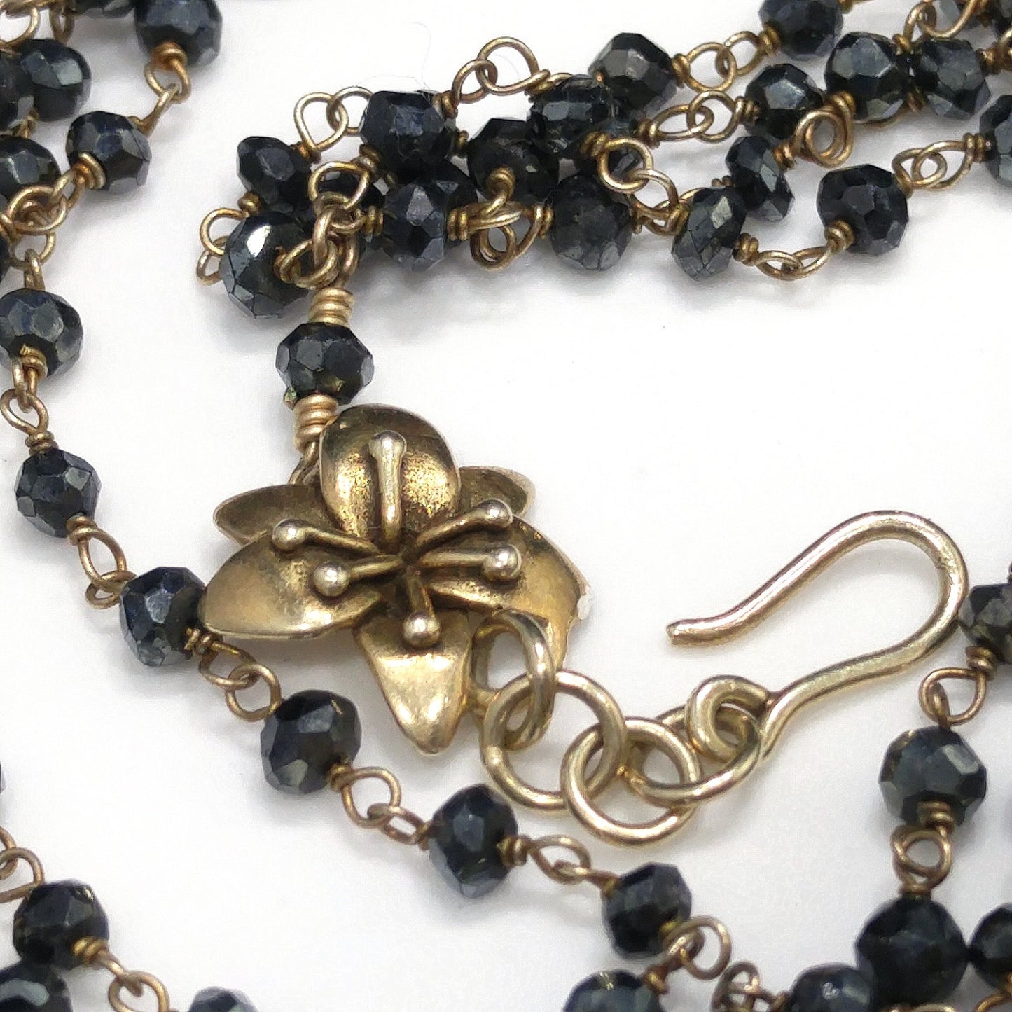 Hand Cut Crystal Wire Wrapped Necklace, Four Strands, Gold Silver Flowers, 1940s Vintage Jewelry