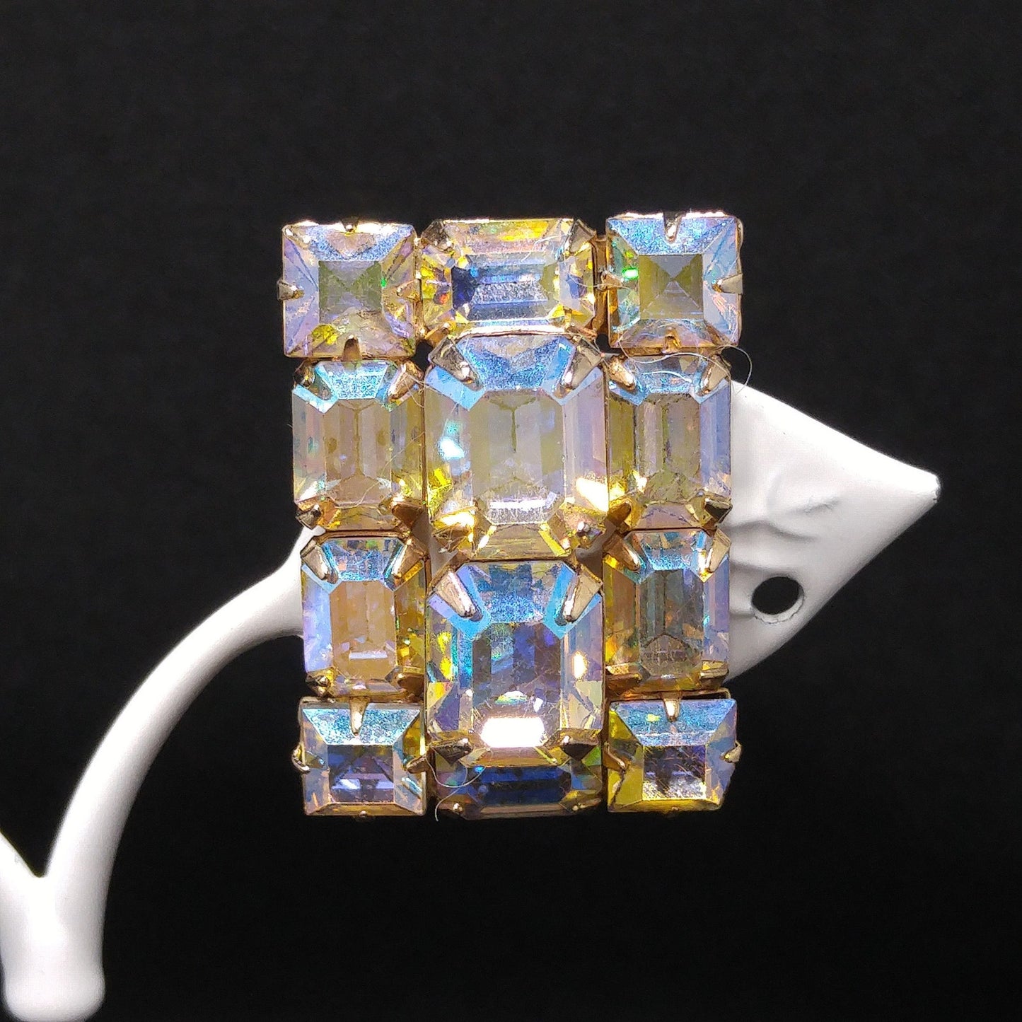 Weiss Aurora Borealis Emerald Cut Earrings, Gold Plating, 1960s Vintage Jewelry