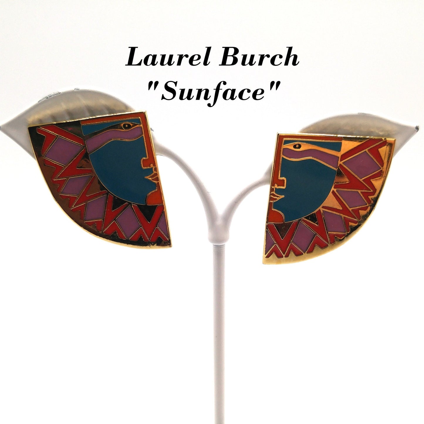 Laurel Burch "Sunface" Clip Earrings, Gold Plated Cloisonne Enamel, 1980s Vintage Jewelry