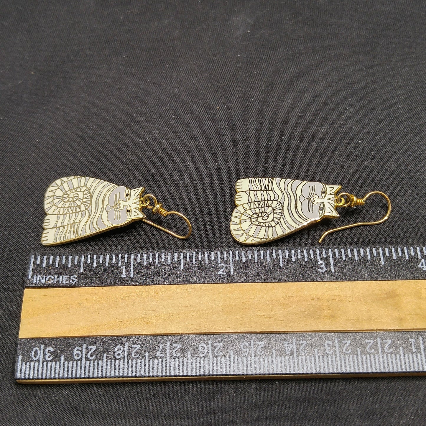 Laurel Burch Shambala Cat Earrings, White Gray Enamel, Gold Plated, 1980s Vintage Jewelry