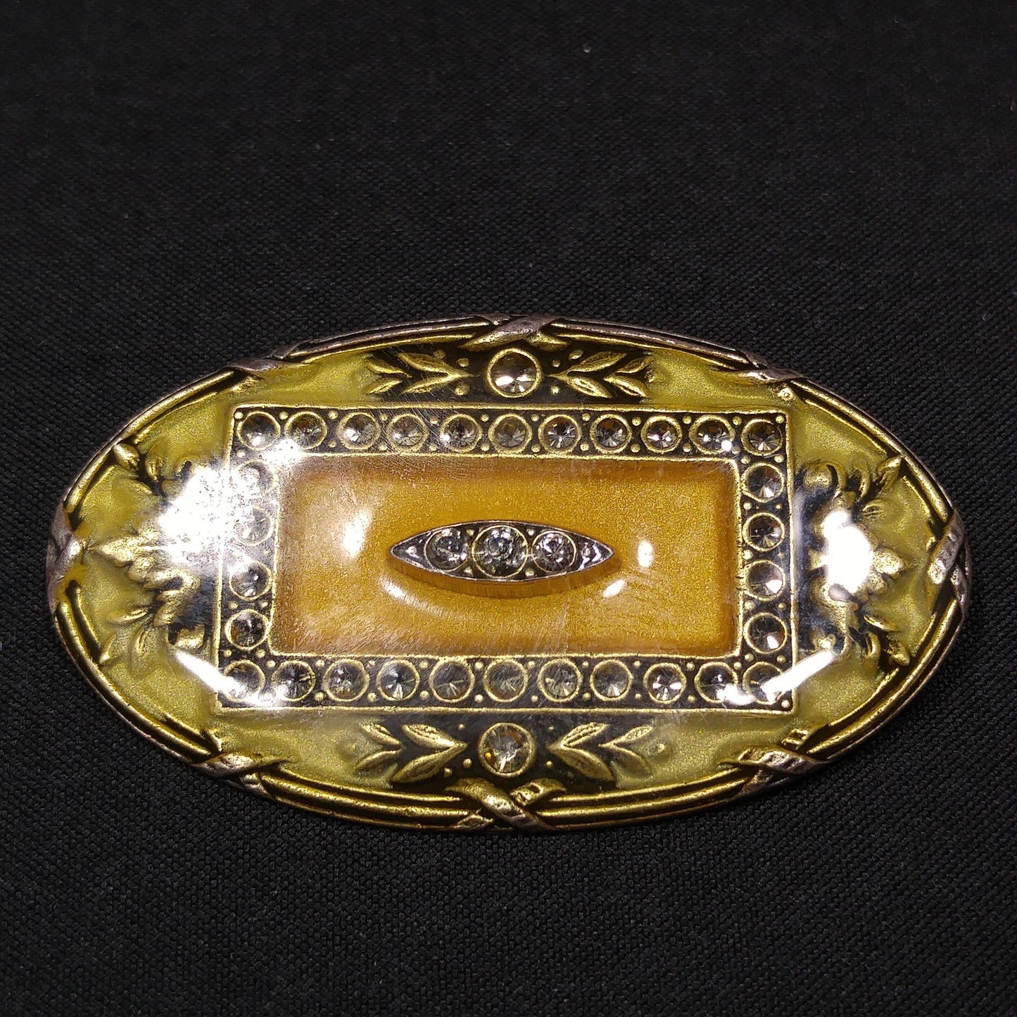 Catherine Popesco Oval Brooch, Cream & Gold Enamel, Rhinestones Under Enamel, France, 1980s Vintage Jewelry