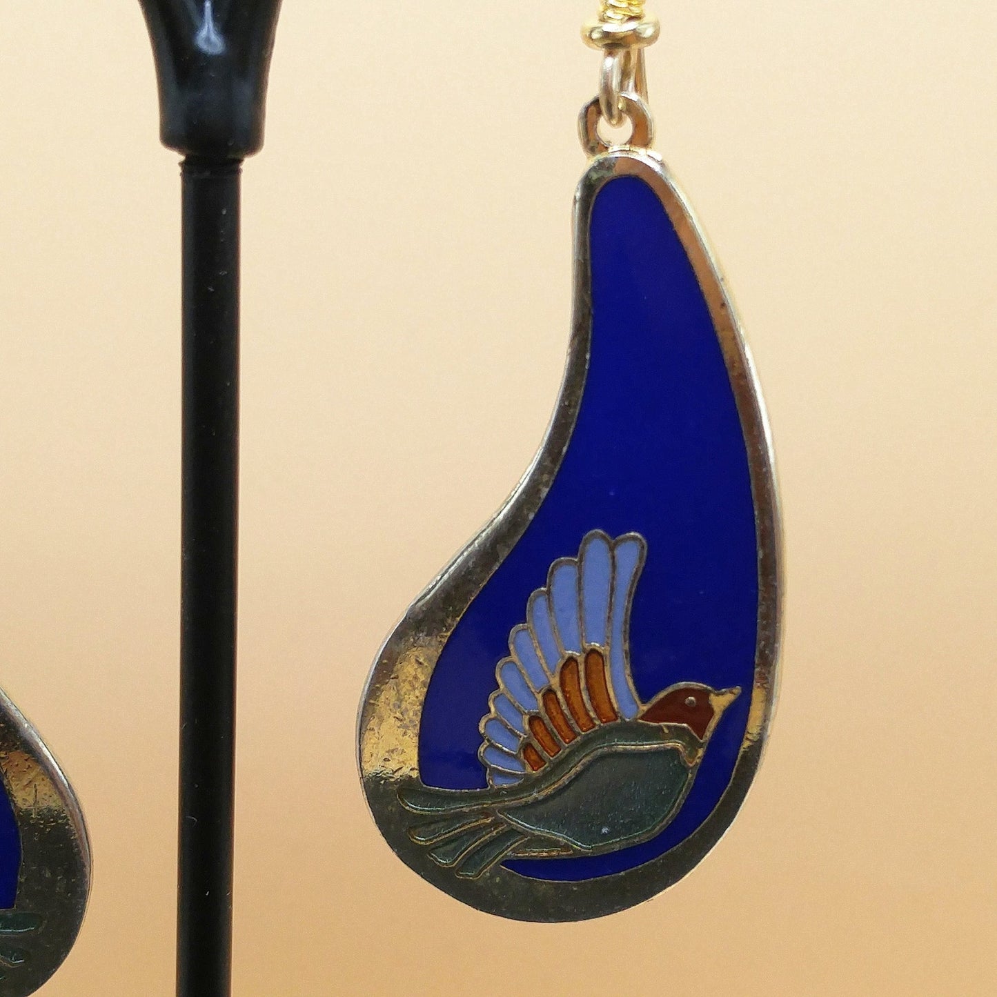 Vintage Laurel Burch Swallow Bird Blue Enamel Earrings, Gold Plated