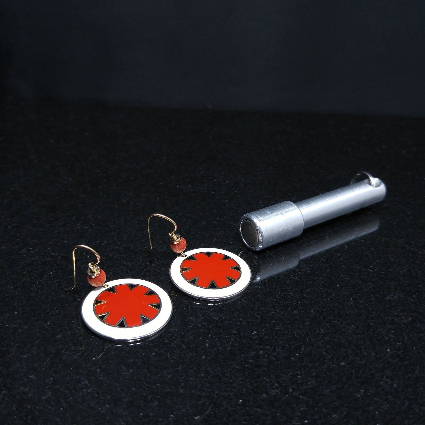 Vintage Laurel Burch "Myth" Earrings, Gold Plated Cloisonne, Red White Black