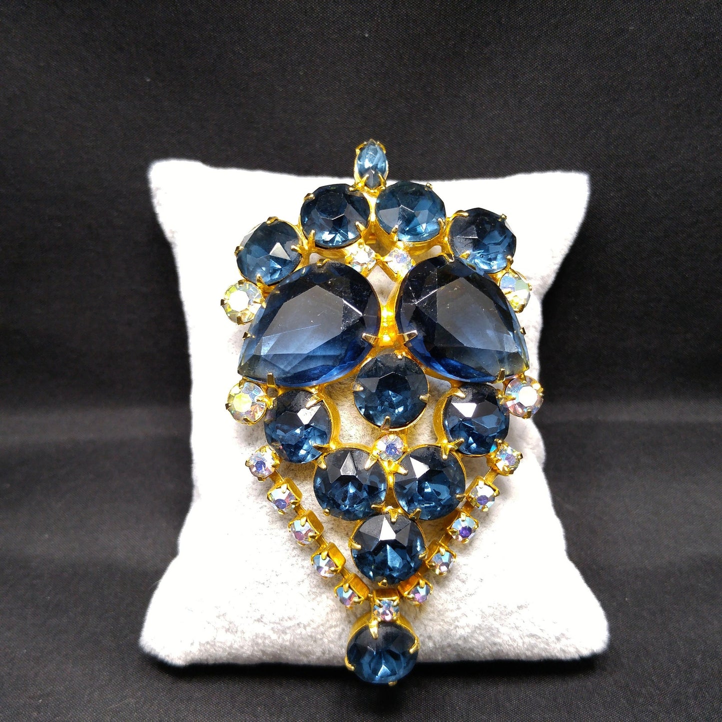 Large Blue Rhinestone Brooch & Pendant, Gold Plated, 1960s Vintage Jewelry