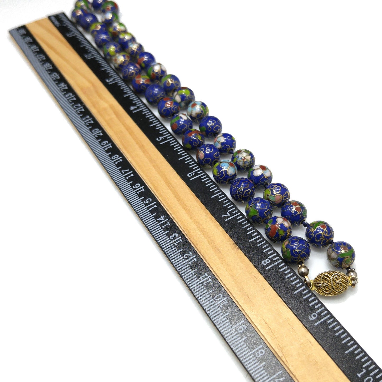 Cloisonne Blue Beaded Necklace, Floral Hand Painted Beads, 1960s Vintage Jewelry