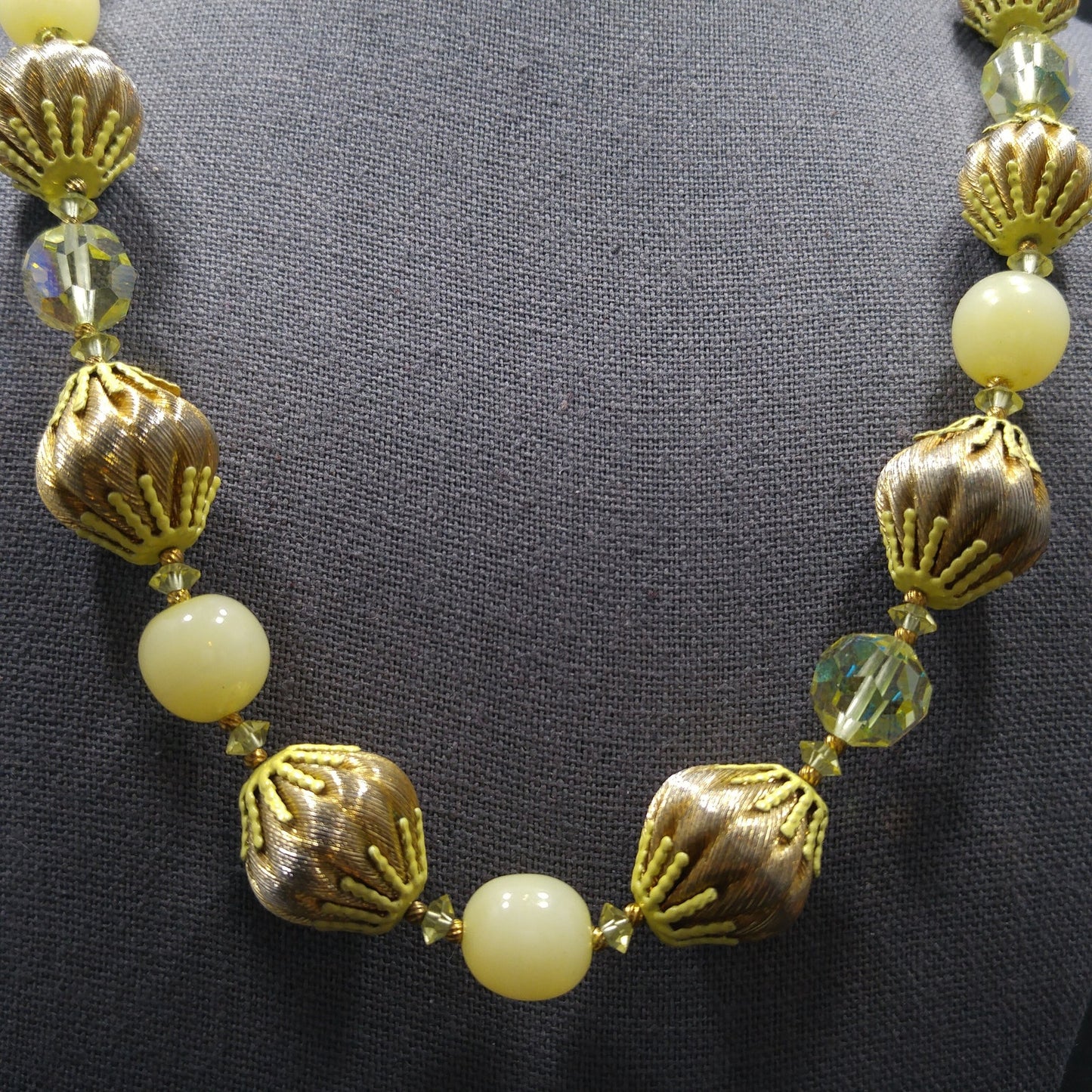 Vendome Gold Twist & AB Crystal Bead Necklace, Yellow Bead Caps, Gold Plated, 1960s Vintage Jewelry