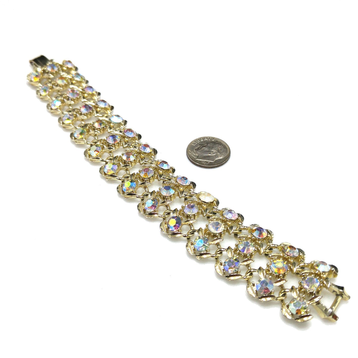 Vintage Aurora Borealis Rhinestone Wide Bracelet, Gold Plated, 1960s