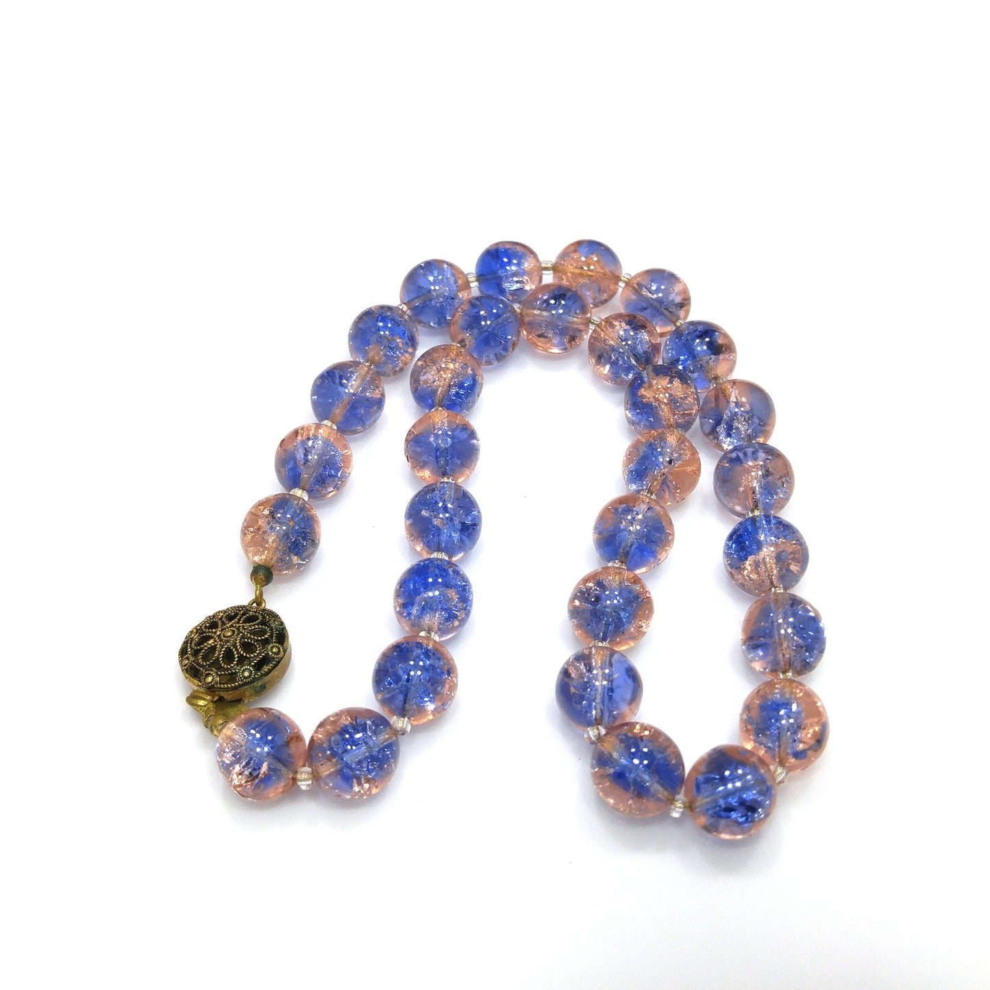 Blue Pink Crackle Glass Beaded Necklace, Filigree Brass Clasp, 1950s Vintage Jewelry