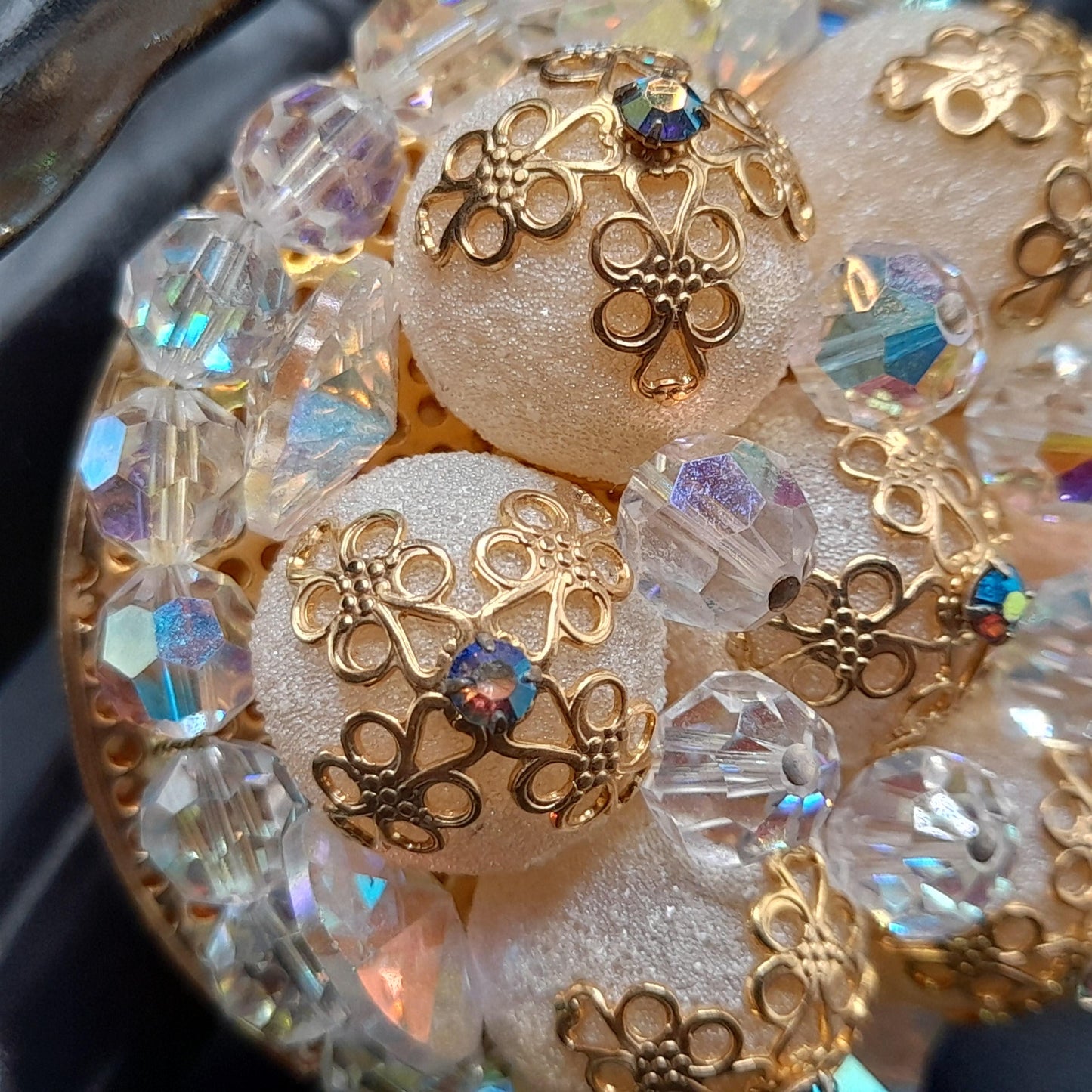 Vintage Crystal Bead Brooch, Aurora Borealis, Art Glass Globes, Filigree End Caps, 1960s Vintage Jewelry