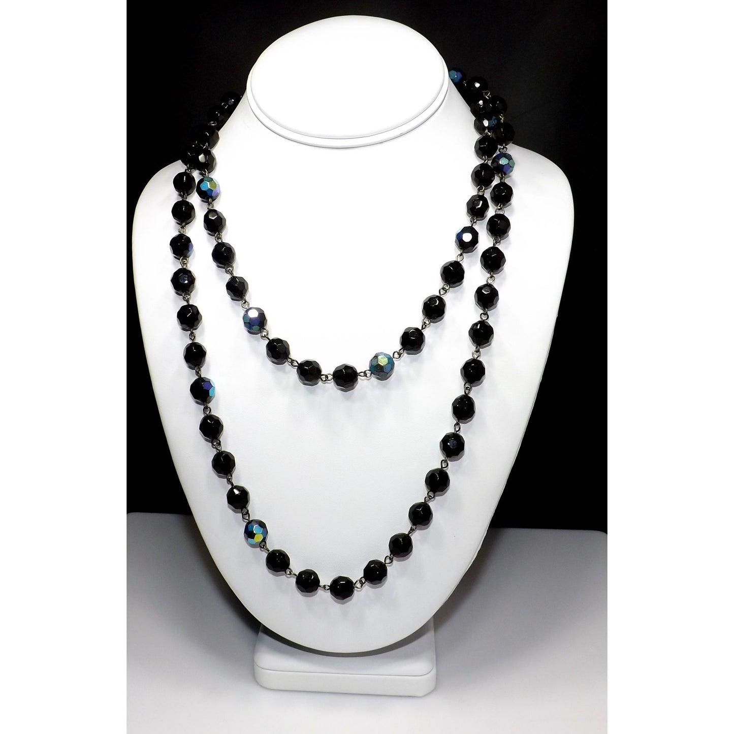 Long Black Crystal Beaded Necklace, Aurora Borealis, No Clasp, 1970s Vintage Jewelry