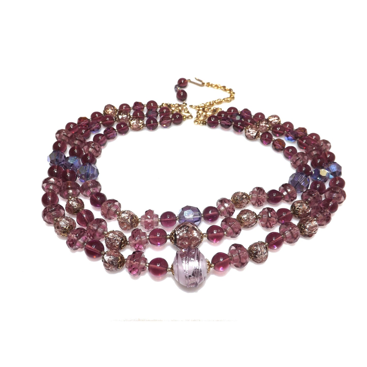Art Glass Purple Gold Foil Beaded Necklace, Three Strands, 1960s Vintage Jewelry