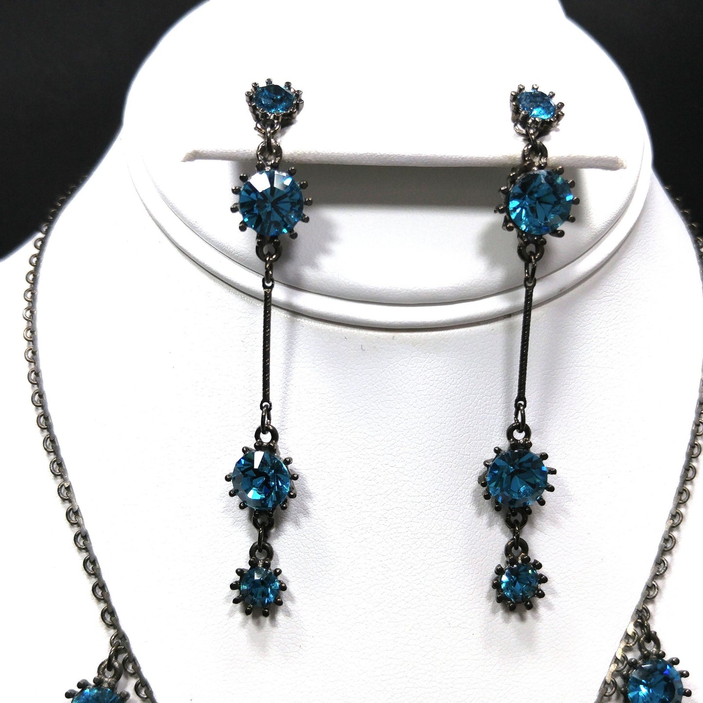 Austrian Crystal Turquoise Necklace Earrings Set, Long Post Earrings, Vintage Jewelry