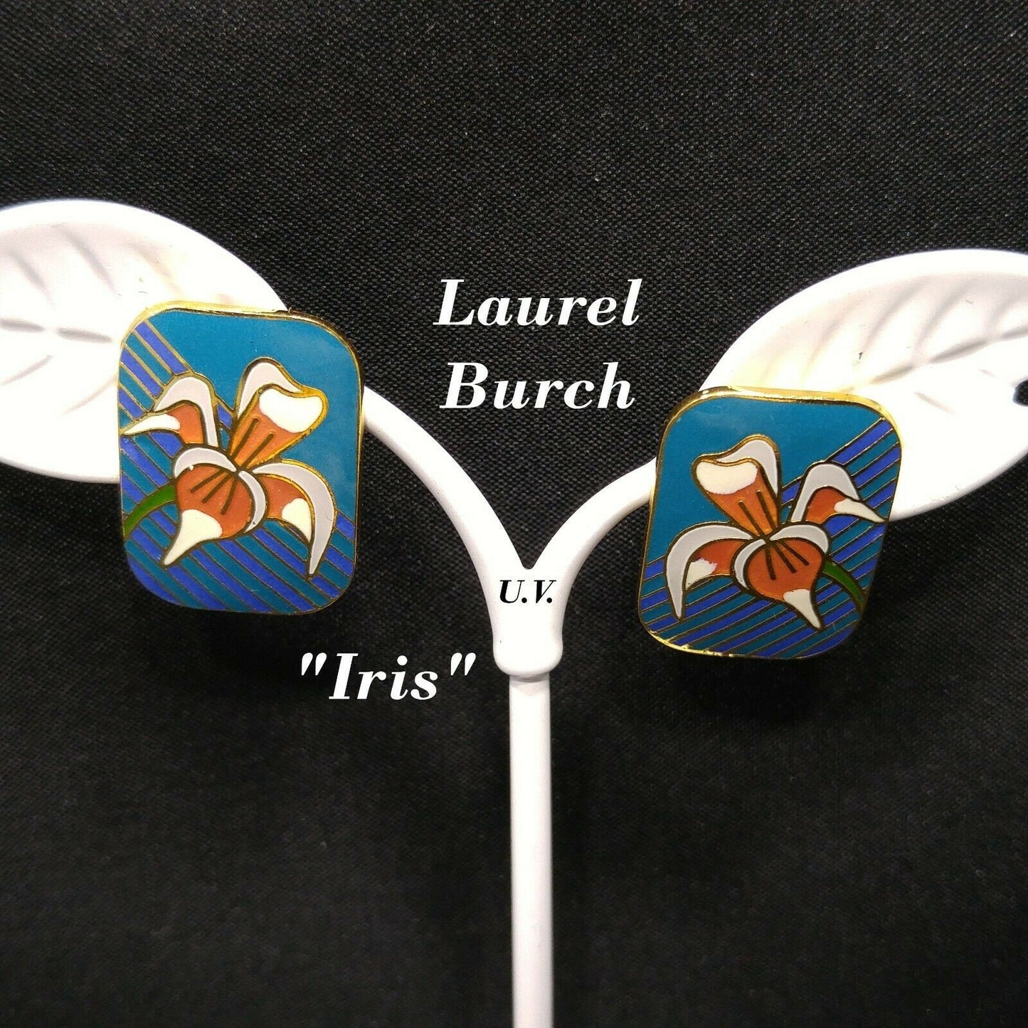 Laurel Burch Gold Plate "Iris" Teal Blue & Orange Enamel Cloisonne, 1980s