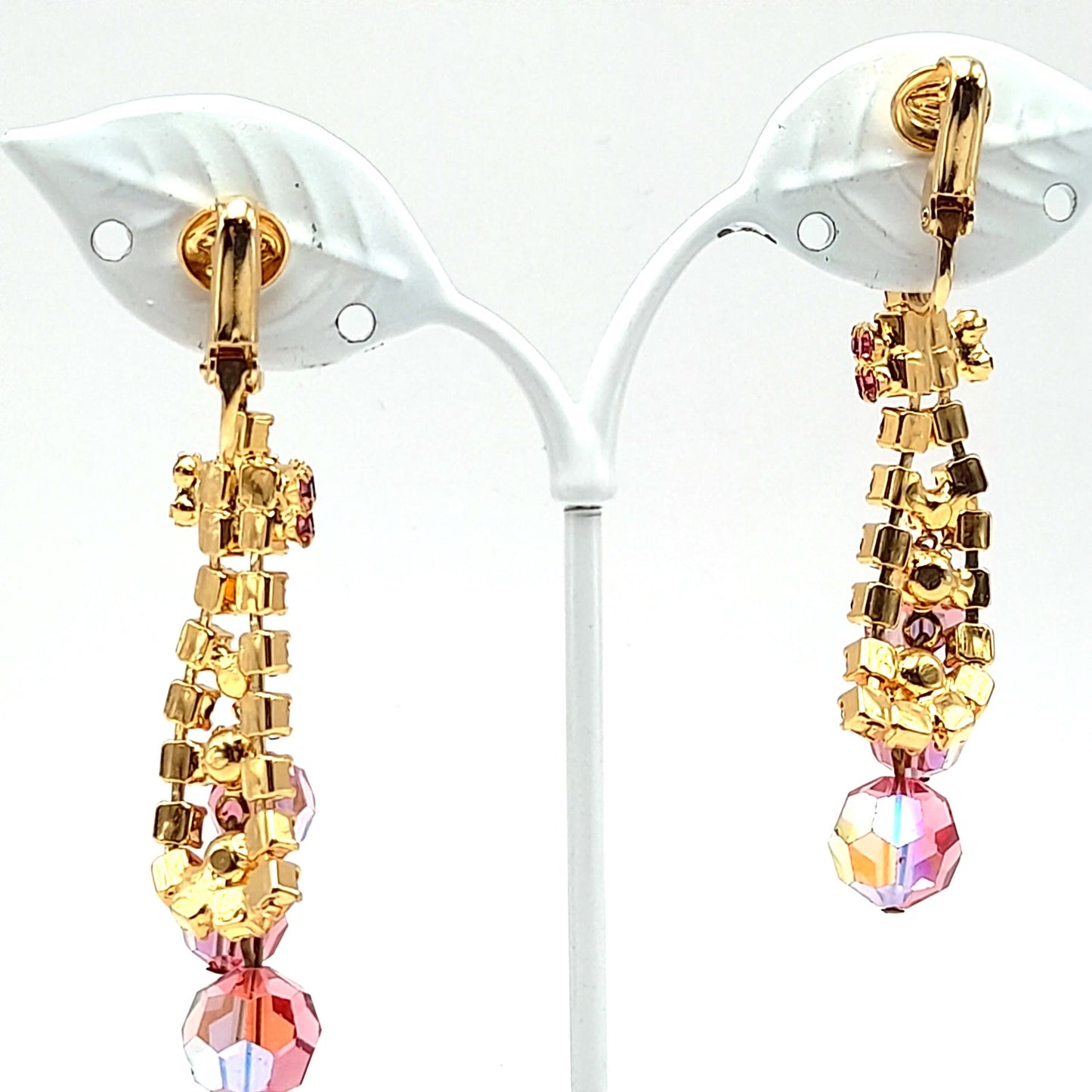 Vintage Pink Rhinestone Crystal Drop Clip On Earrings