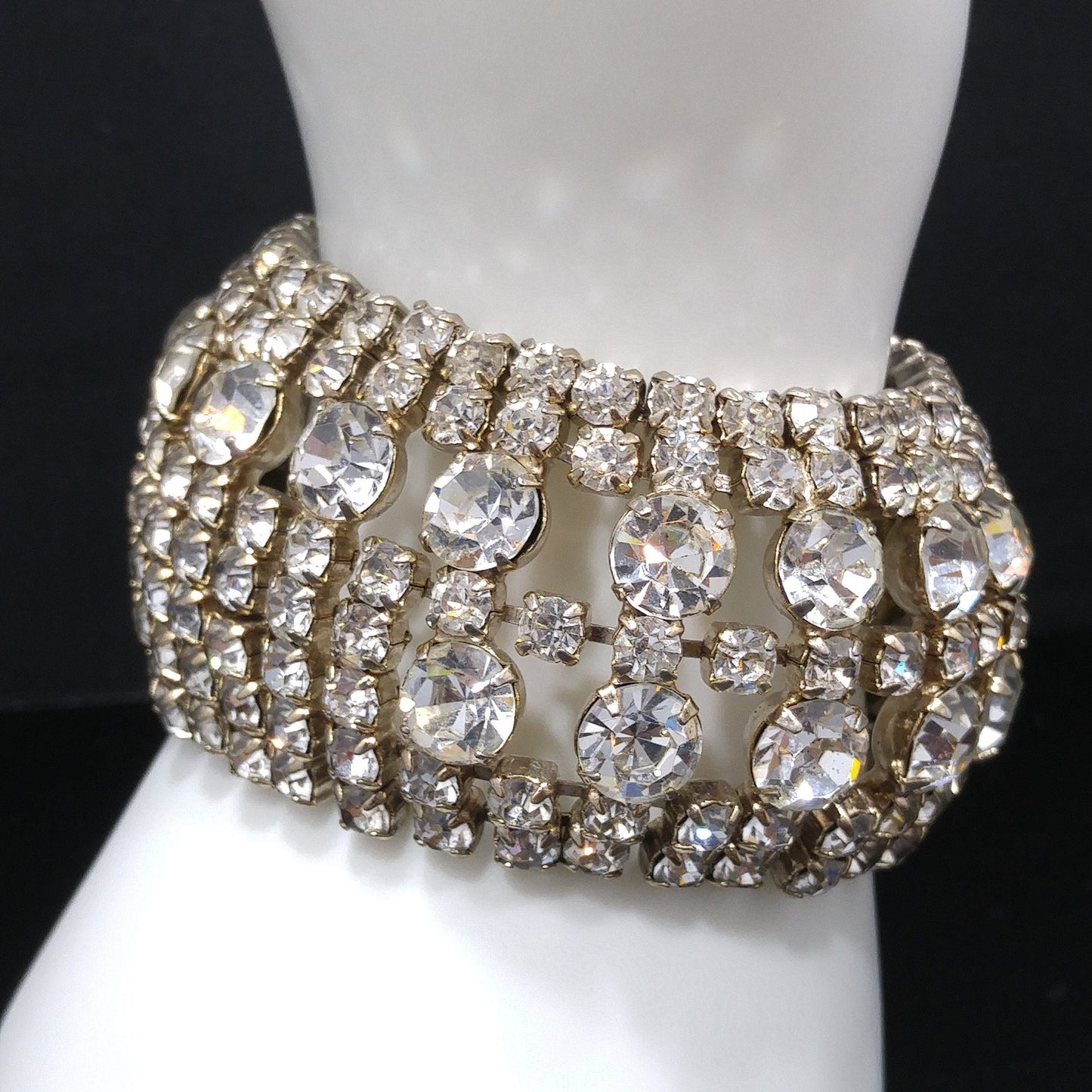 Mid Century Clear Rhinestone Wide Bracelet, 22K Gold Plate, 1950s Vintage Jewelry