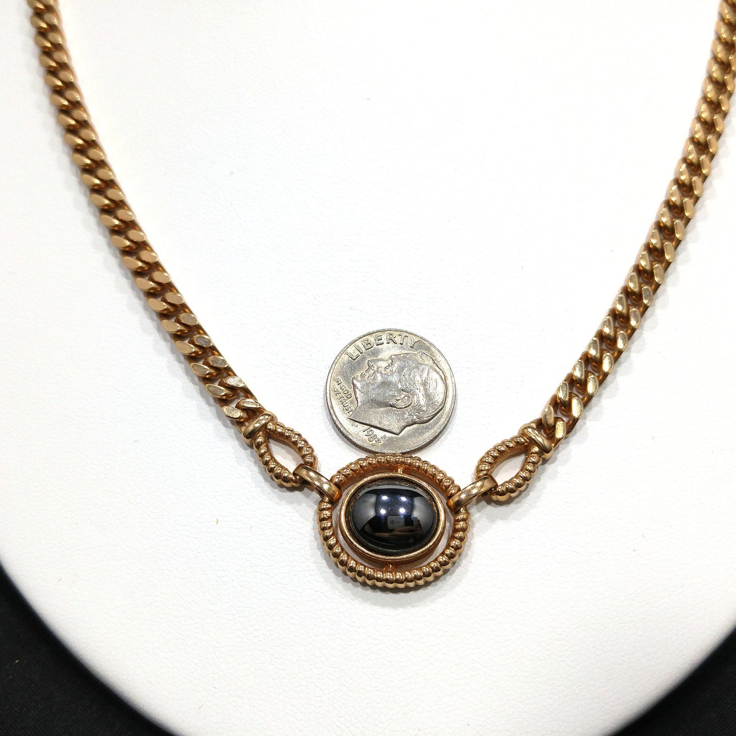 Louis Feraud Paris Gold Plated Pendant Necklace, Hematite Pendant, 1970s Vintage Jewelry