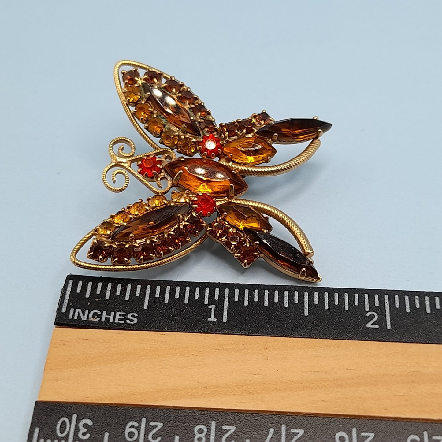 Vintage Butterfly Brooch Topaz Orange Gold Rhinestones